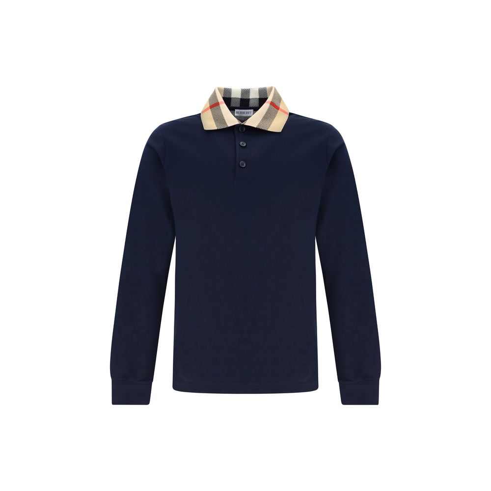 Burberry — Polo Cody bleu en coton à manches longues avec col Archive Check