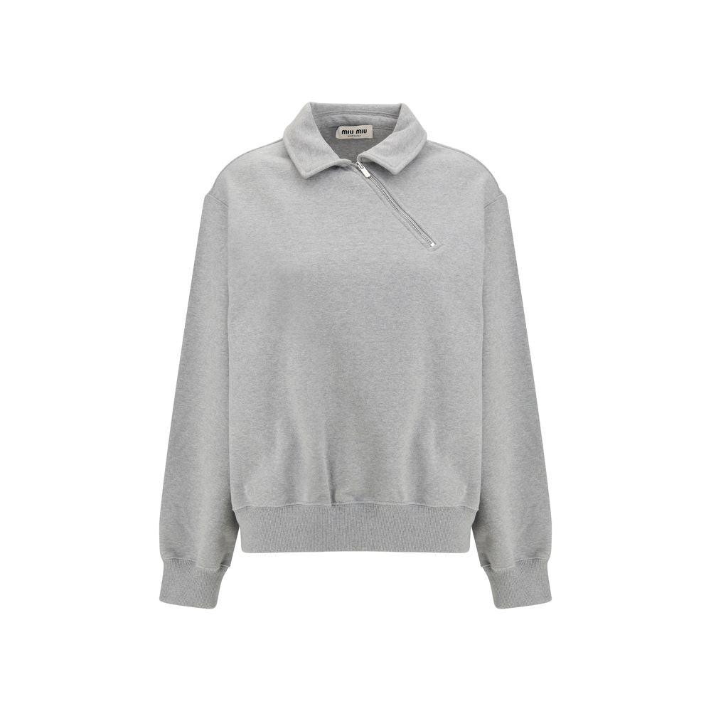Miu Miu — Sweatshirt gris en coton oversize à zip oblique