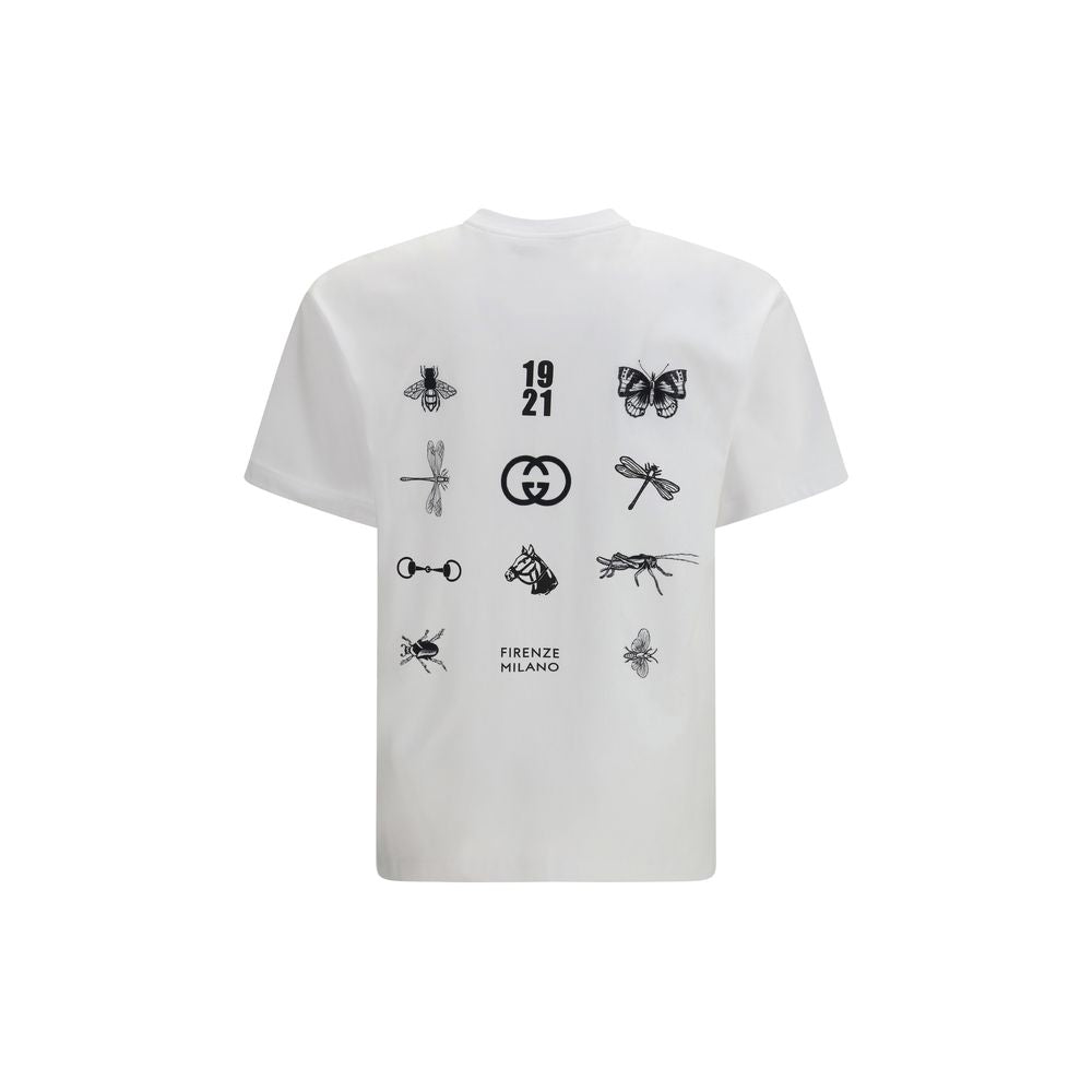 Gucci — T-shirt blanc en coton avec logo frontal et broderies au dos