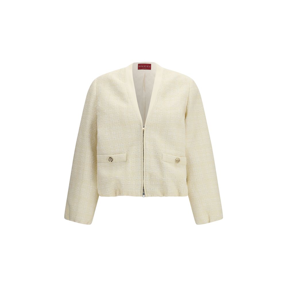 Gucci — Bomber beige en coton tweed brodé motif check