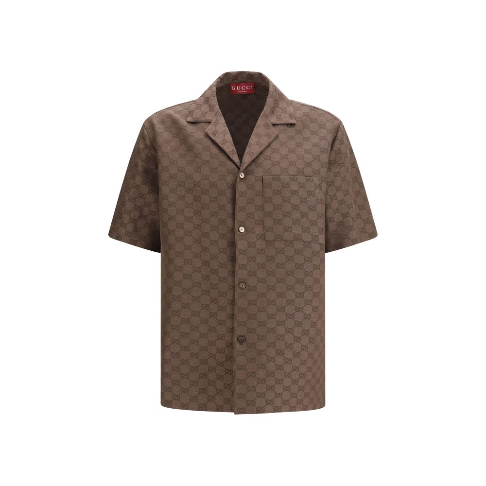 Gucci — Chemise bowling marron en lin mélangé motif GG