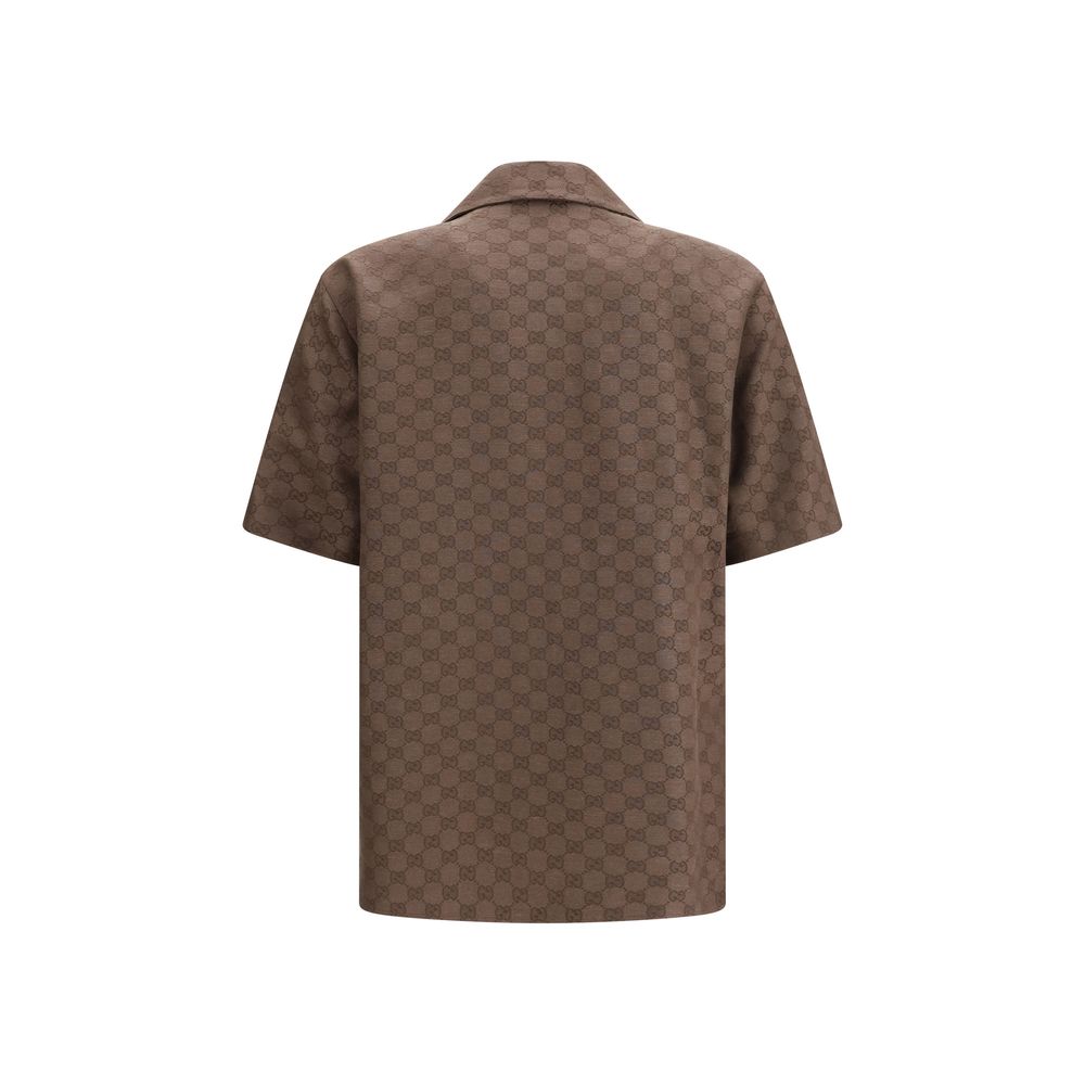Gucci — Chemise bowling marron en lin mélangé motif GG