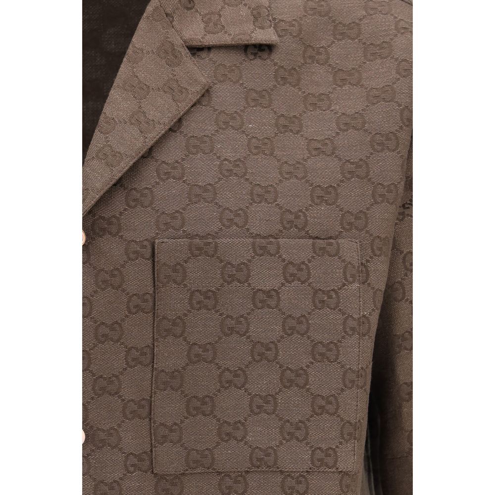 Gucci — Chemise bowling marron en lin mélangé motif GG