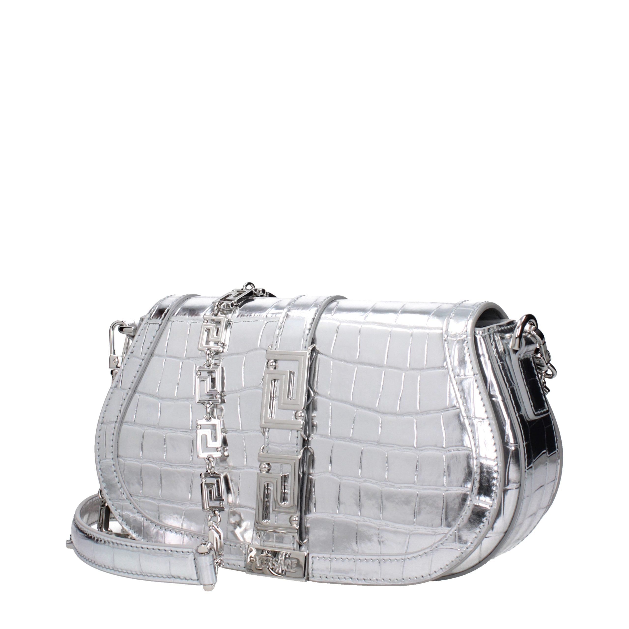 Versace – Sac porté épaule en cuir argenté avec logo signature