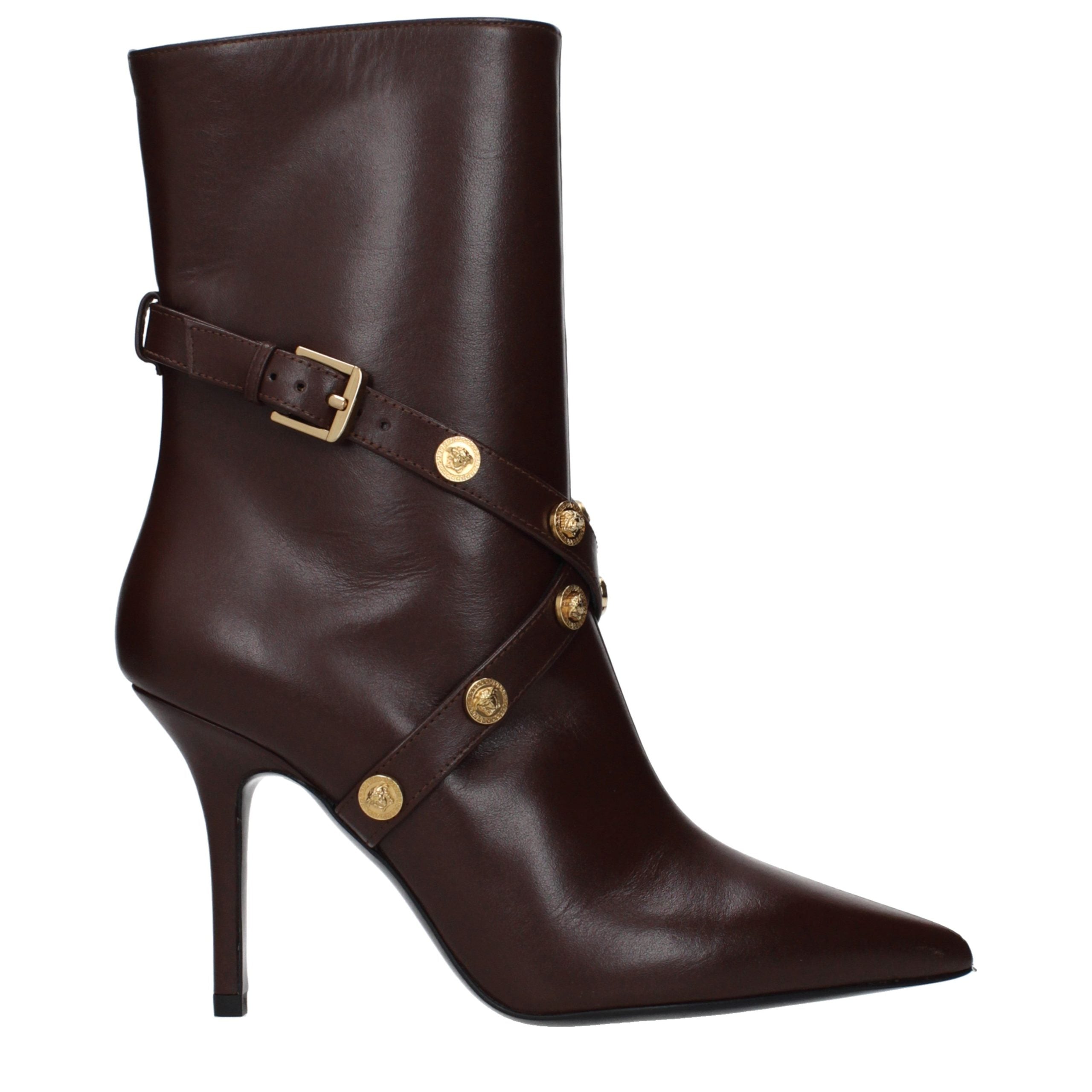 Versace – Bottines en cuir brun chocolat à talon haut