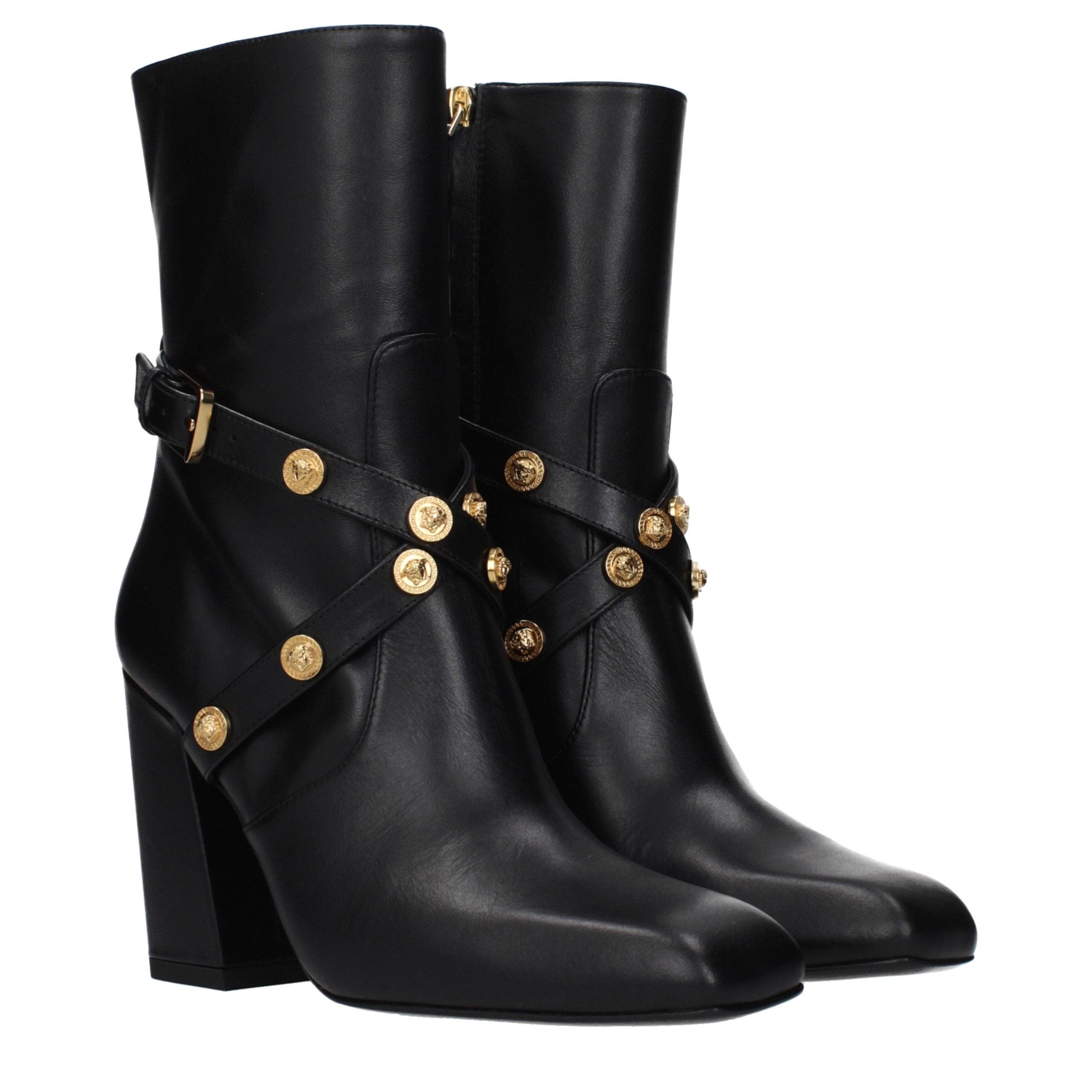 Versace – Bottines en cuir noir à talon haut et bout carré