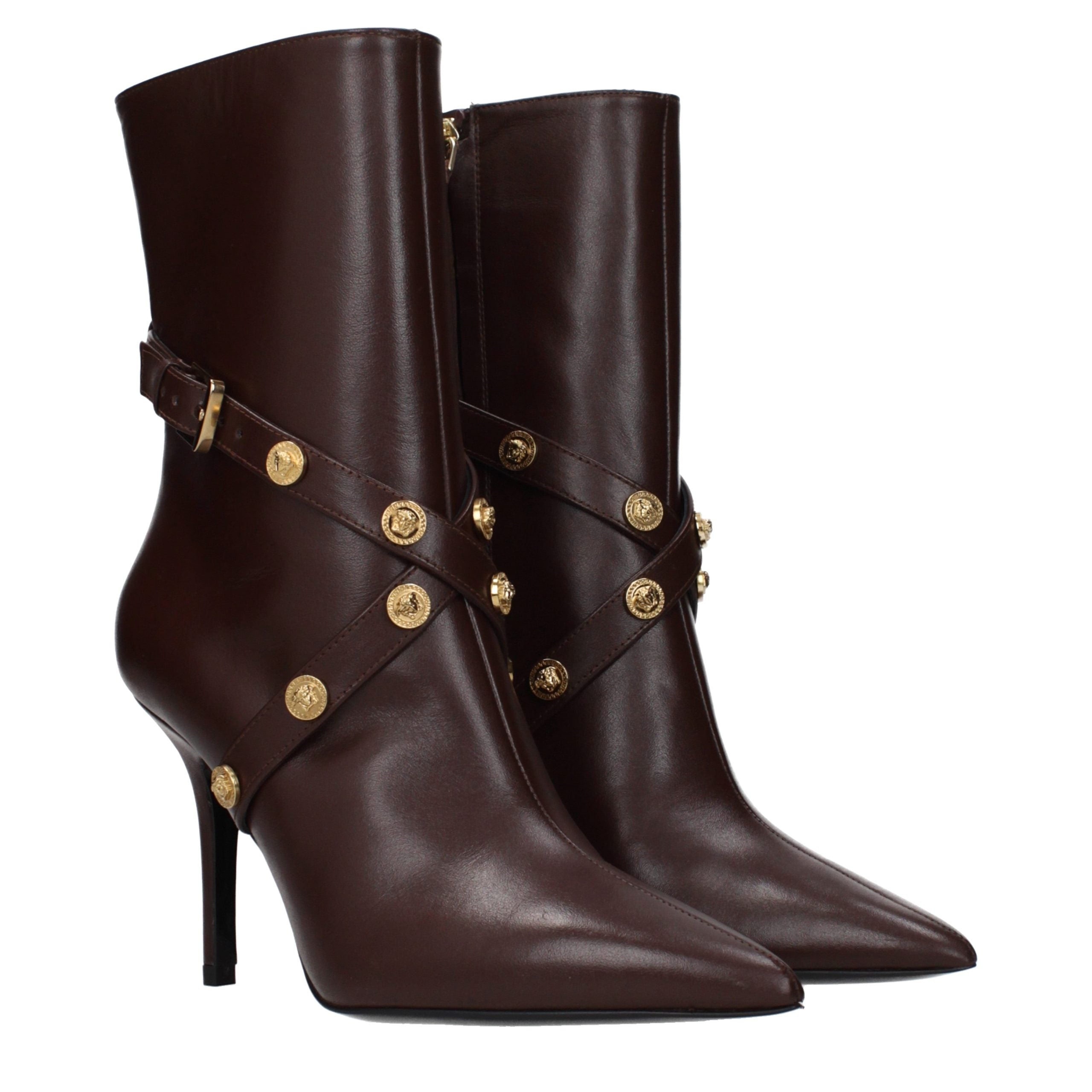 Versace – Bottines en cuir brun chocolat à talon haut