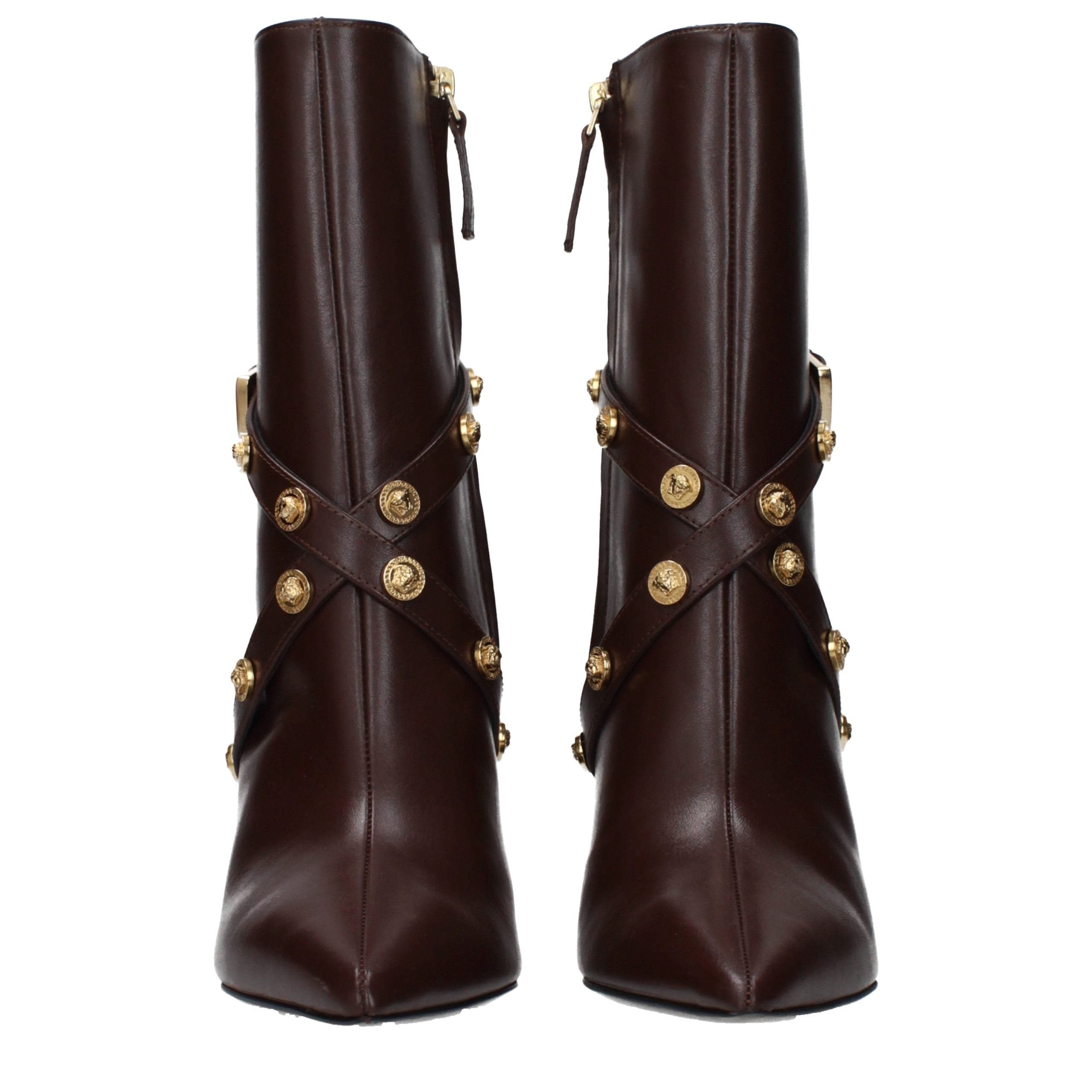 Versace – Bottines en cuir brun chocolat à talon haut