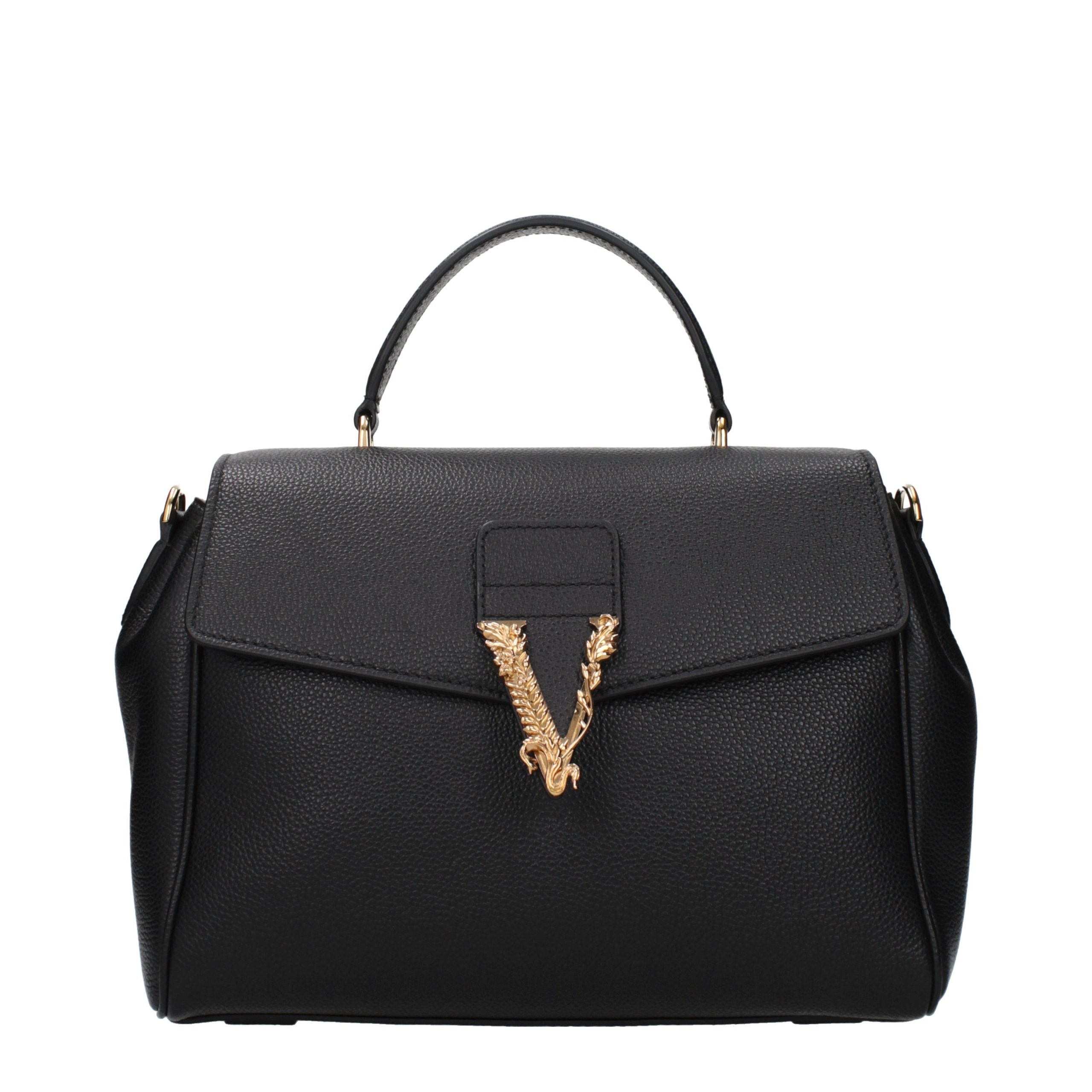 Versace – Sac à main en cuir noir avec logos signature