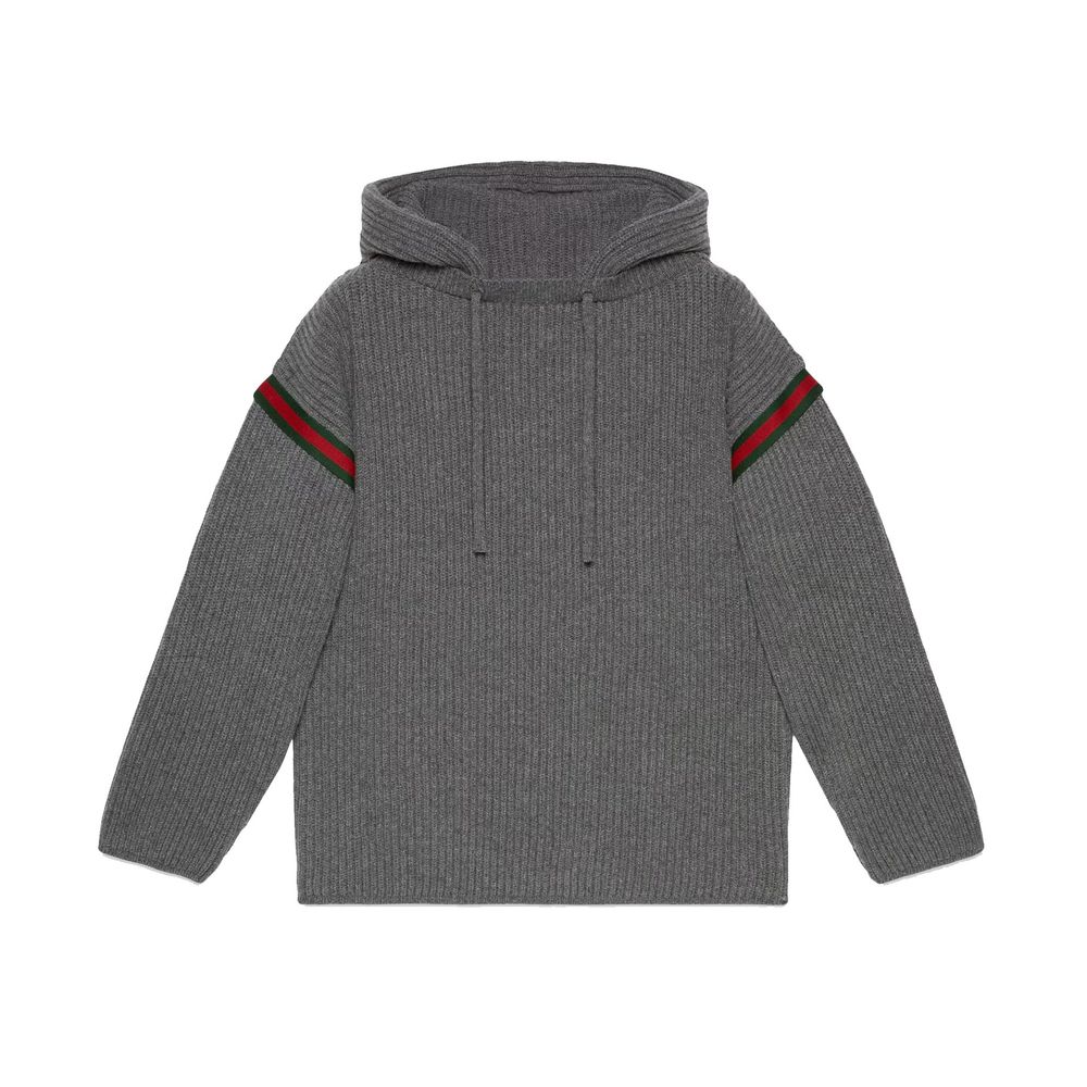 Gucci — Sweatshirt à capuche en cachemire et laine gris avec détail Web