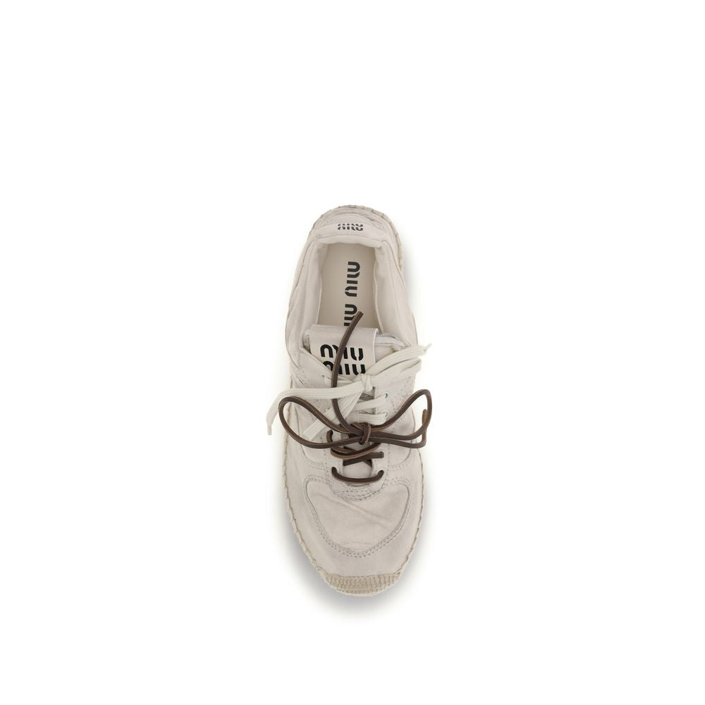 Miu Miu — Sneakers plateforme en toile beige style espadrille