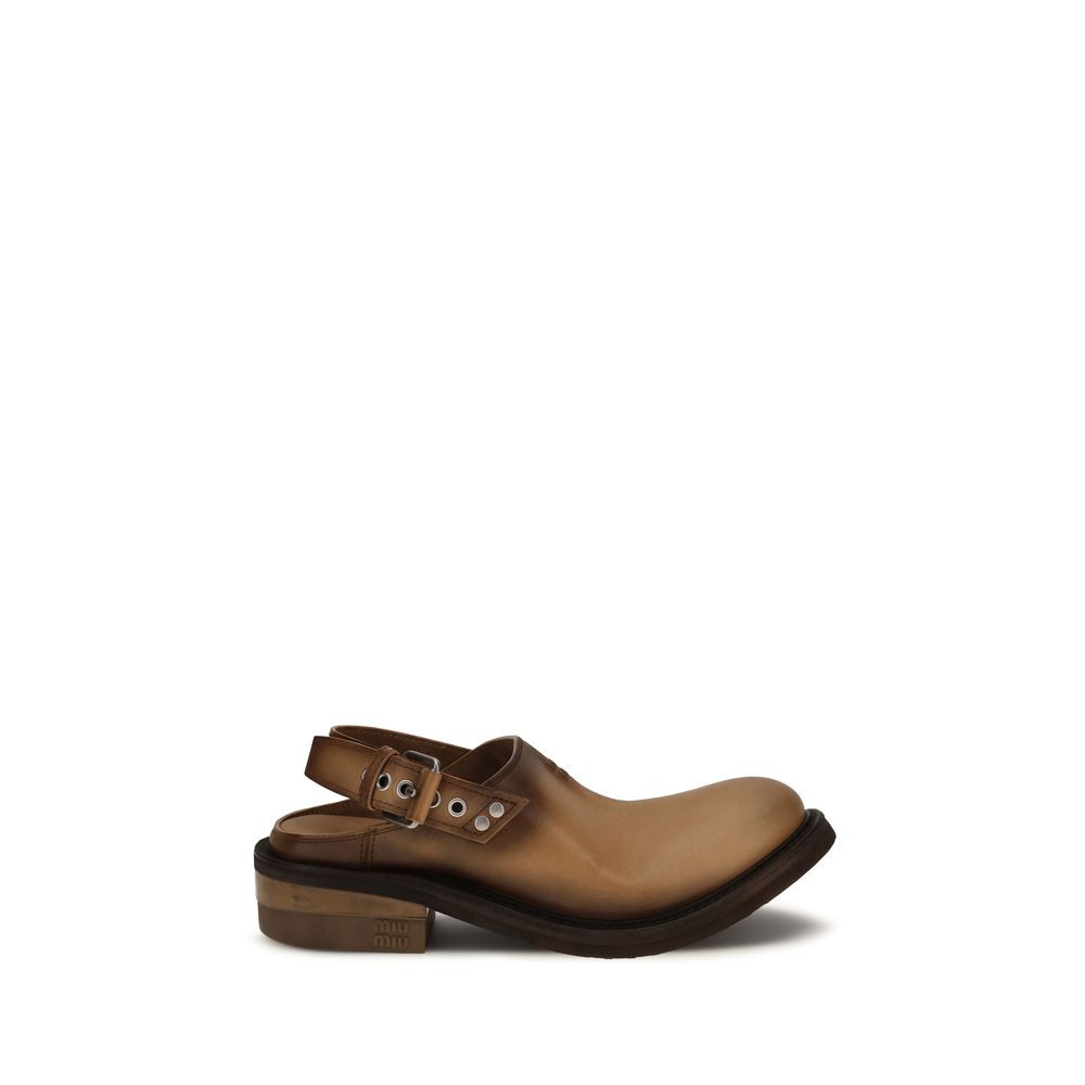 Miu Miu – Mules en cuir de veau marron effet vieilli