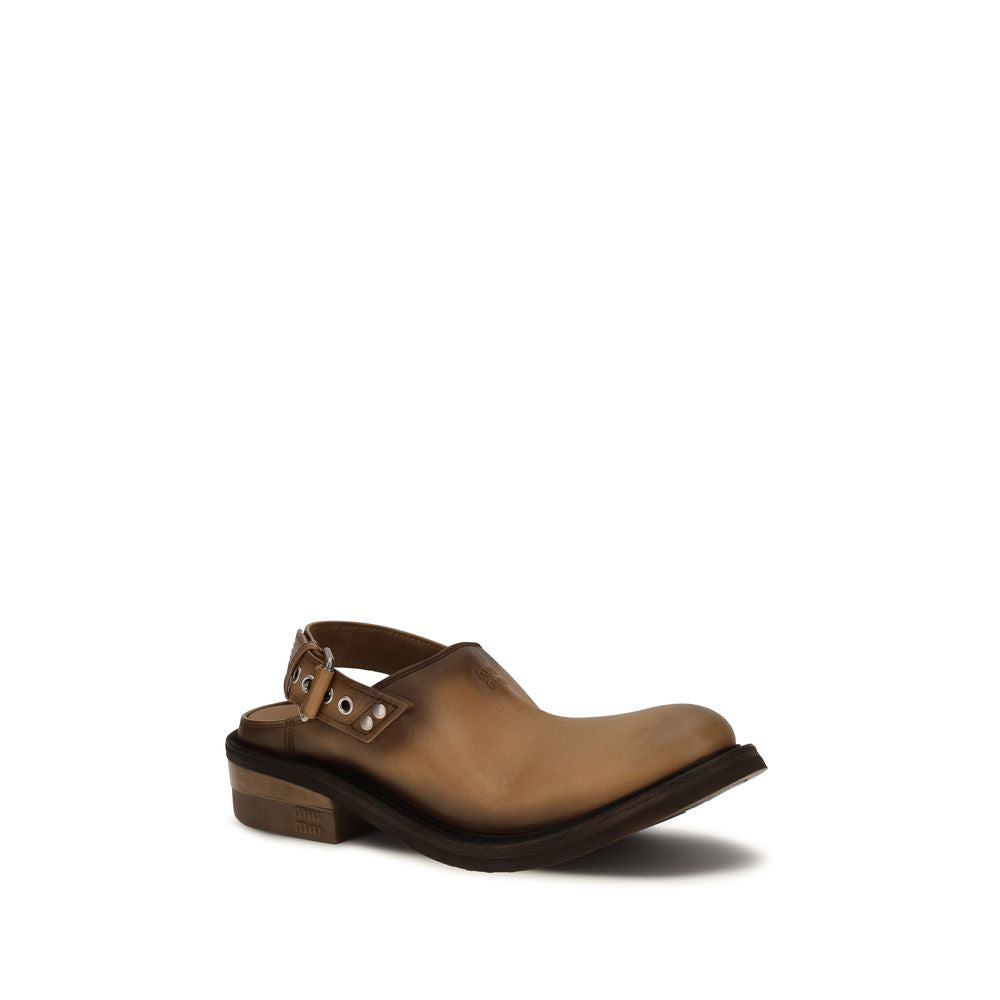Miu Miu – Mules en cuir de veau marron effet vieilli