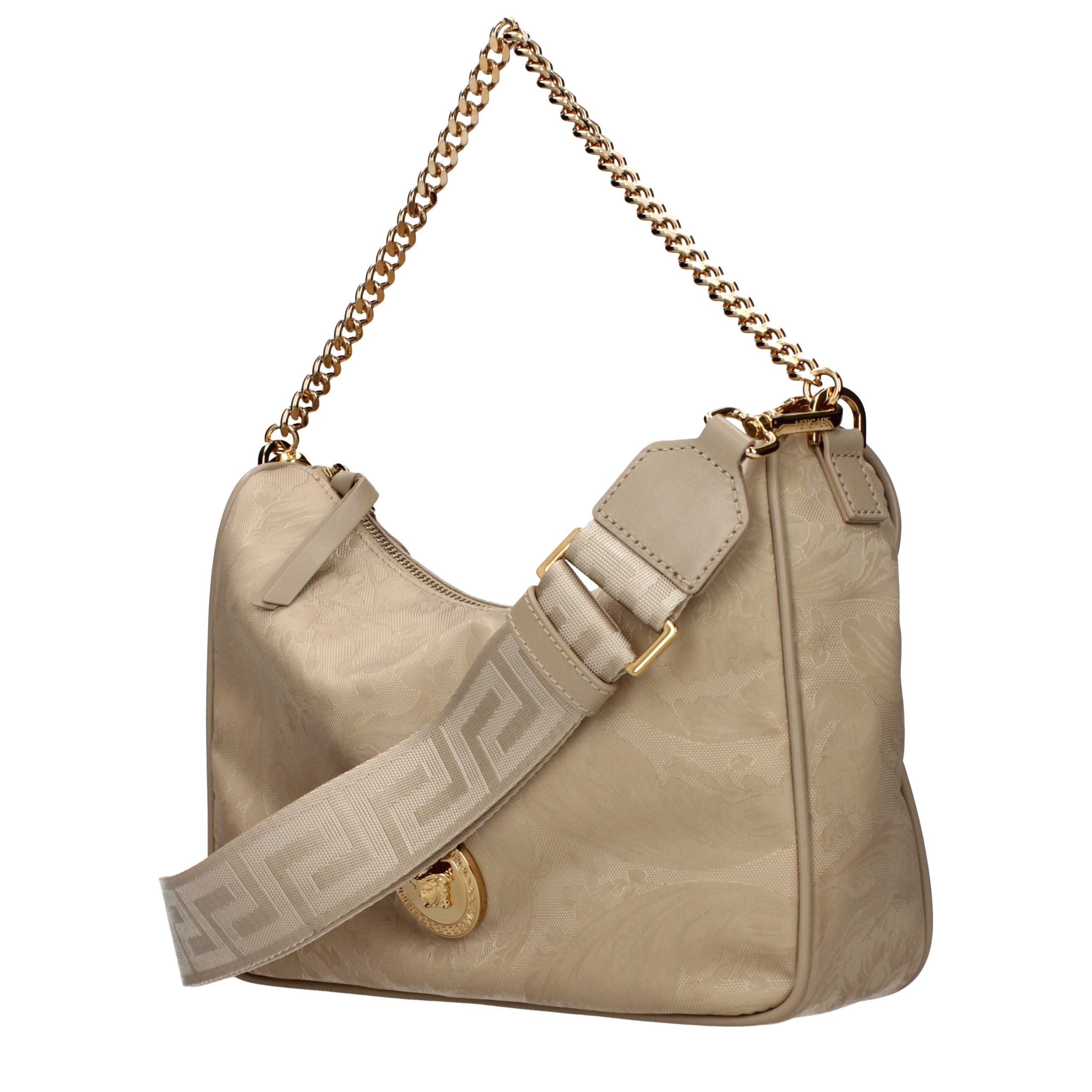 Versace – Sac à main en textile beige avec bandoulière ajustable