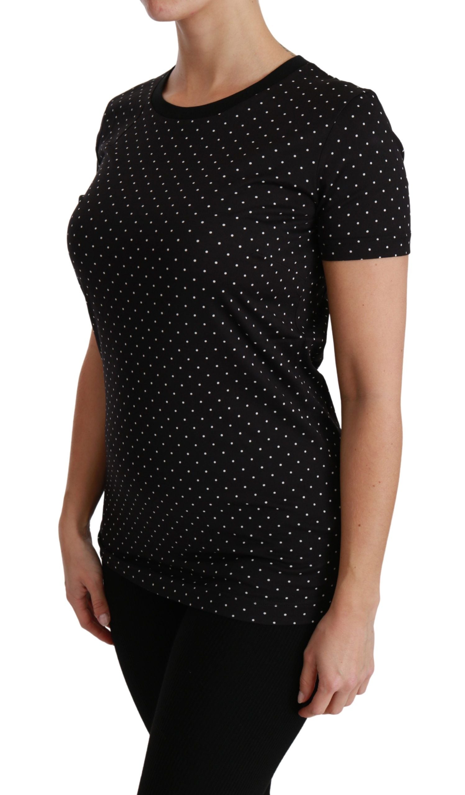 Black Dotted Crewneck Cotton Top T-shirt