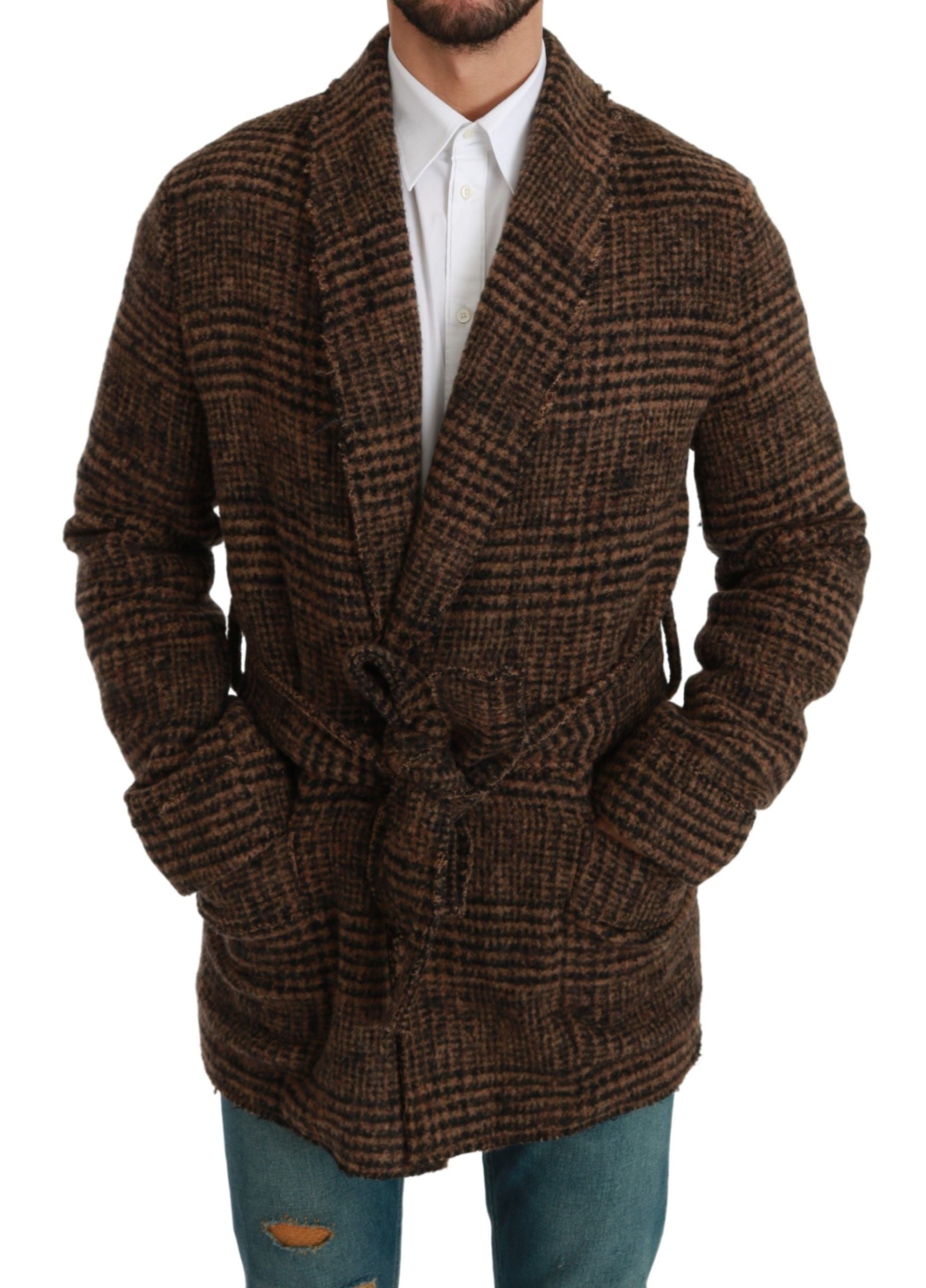 Brown Checkered Wool Robe Coat Wrap Jacket