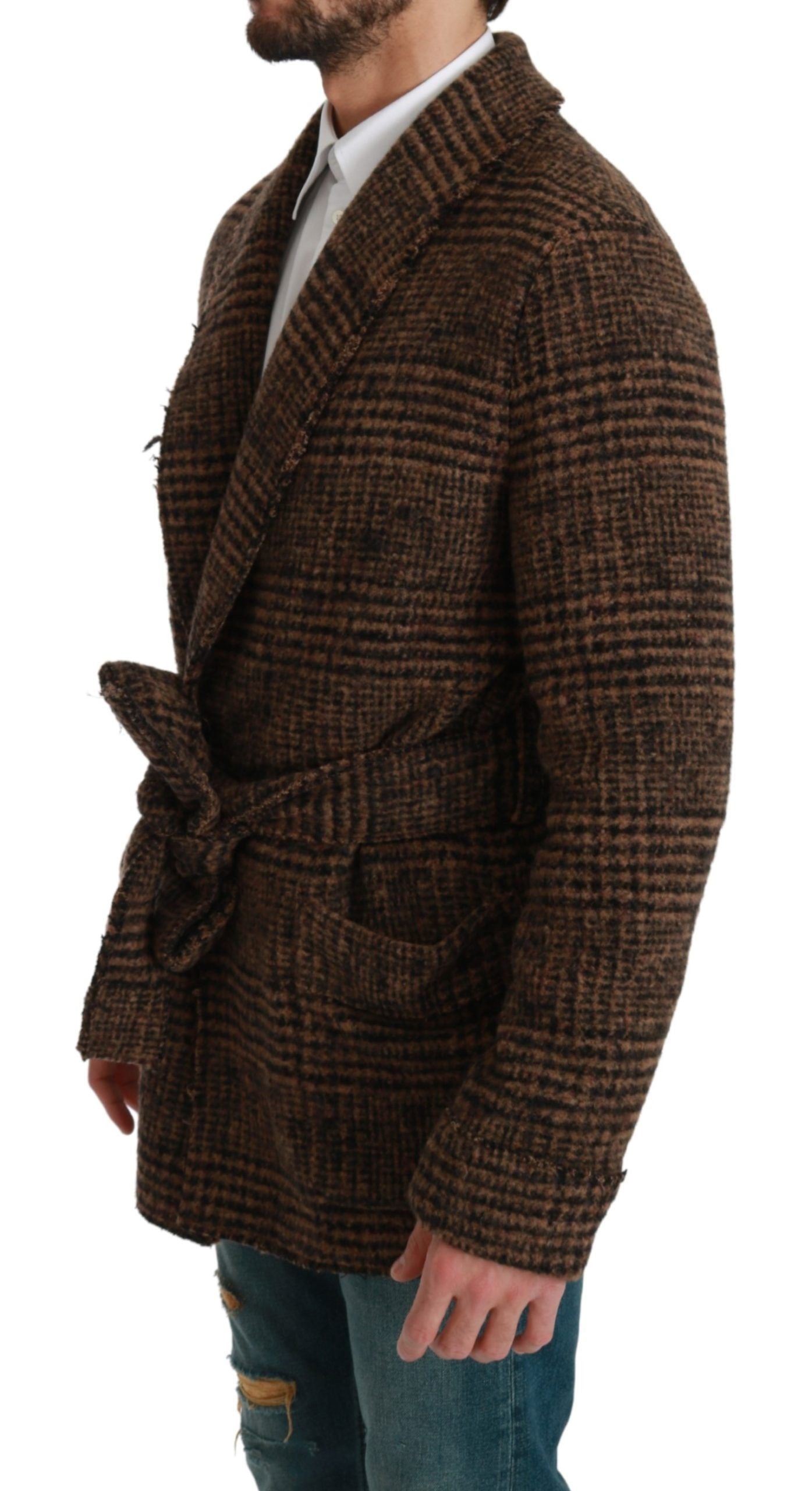 Brown Checkered Wool Robe Coat Wrap Jacket