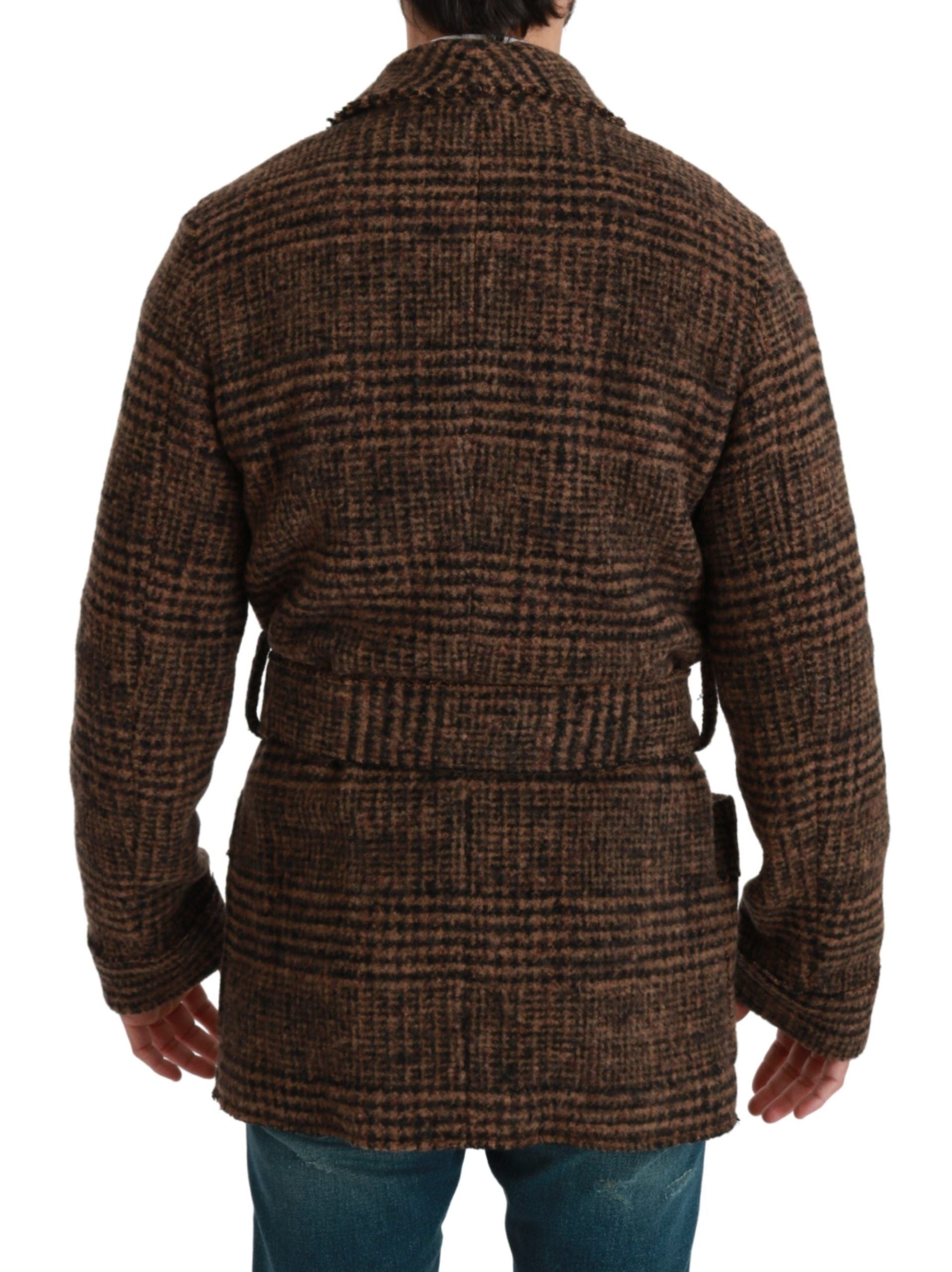 Brown Checkered Wool Robe Coat Wrap Jacket
