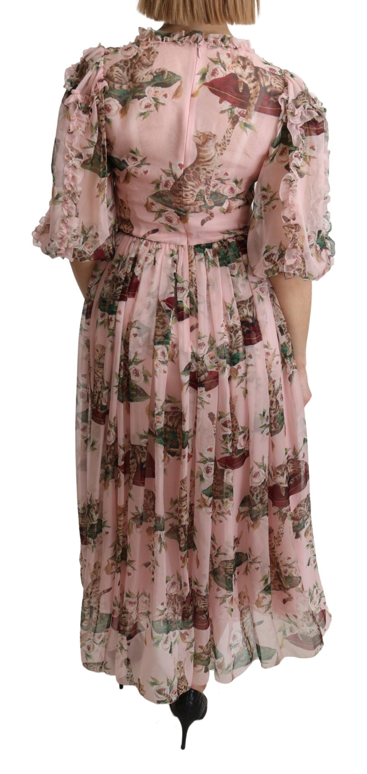 Pink Bengal Cat Print A-line Maxi Silk Dress