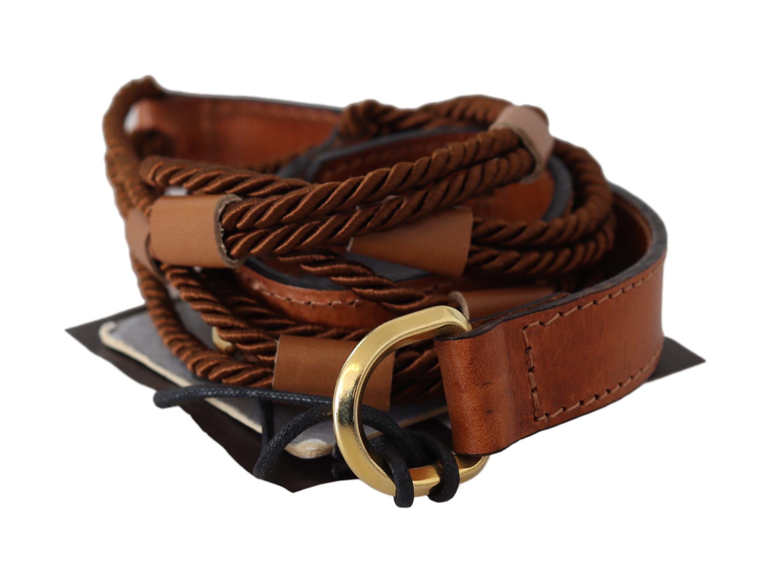 Brown Leather Braided Rope Gold Buckle Belt