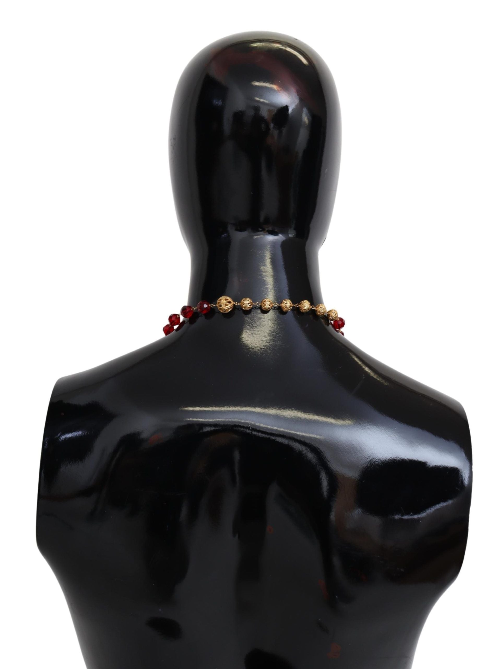 Gold Tone Brass Red Crystals Pendant Opera Chain Necklace