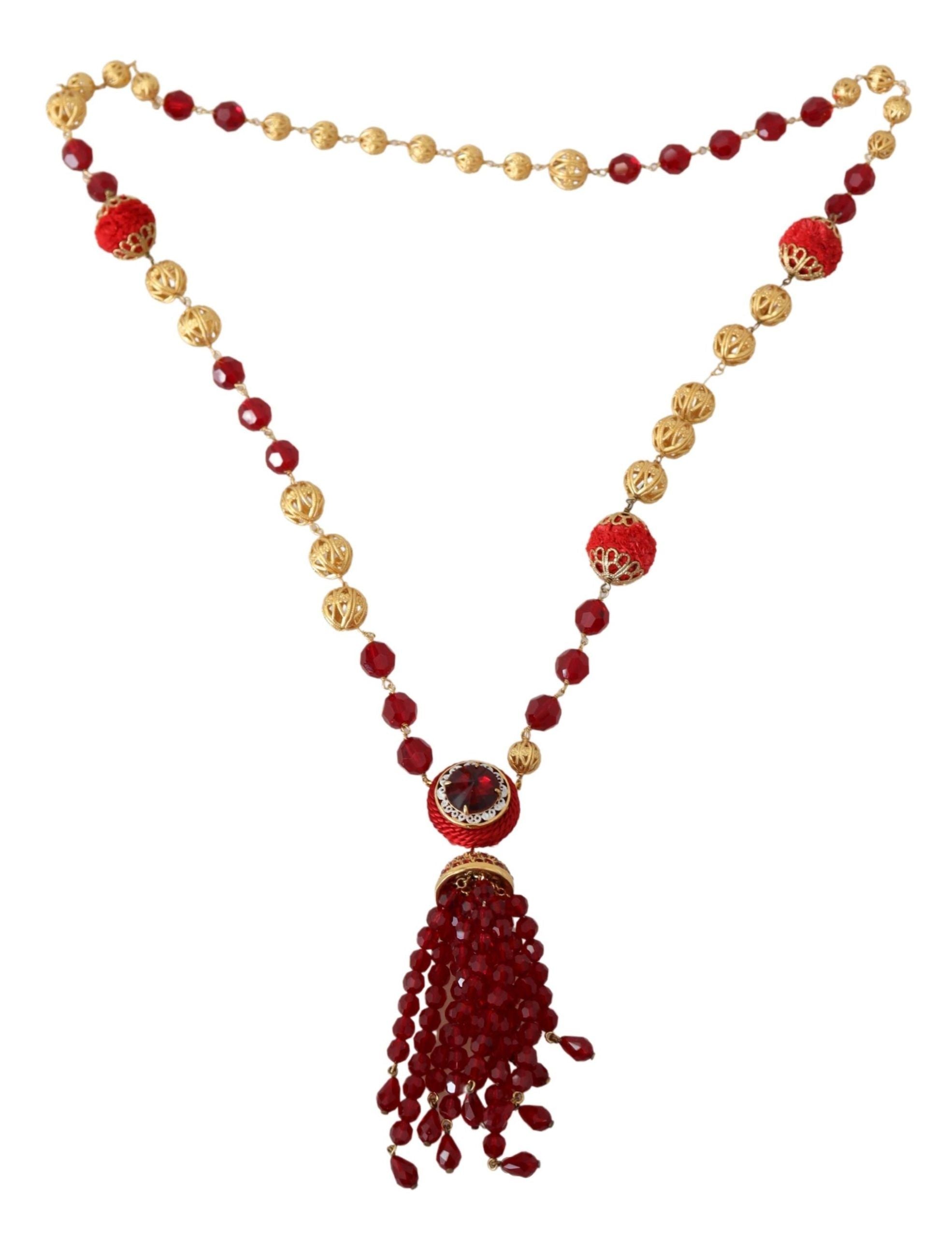 Gold Tone Brass Red Crystals Pendant Opera Chain Necklace