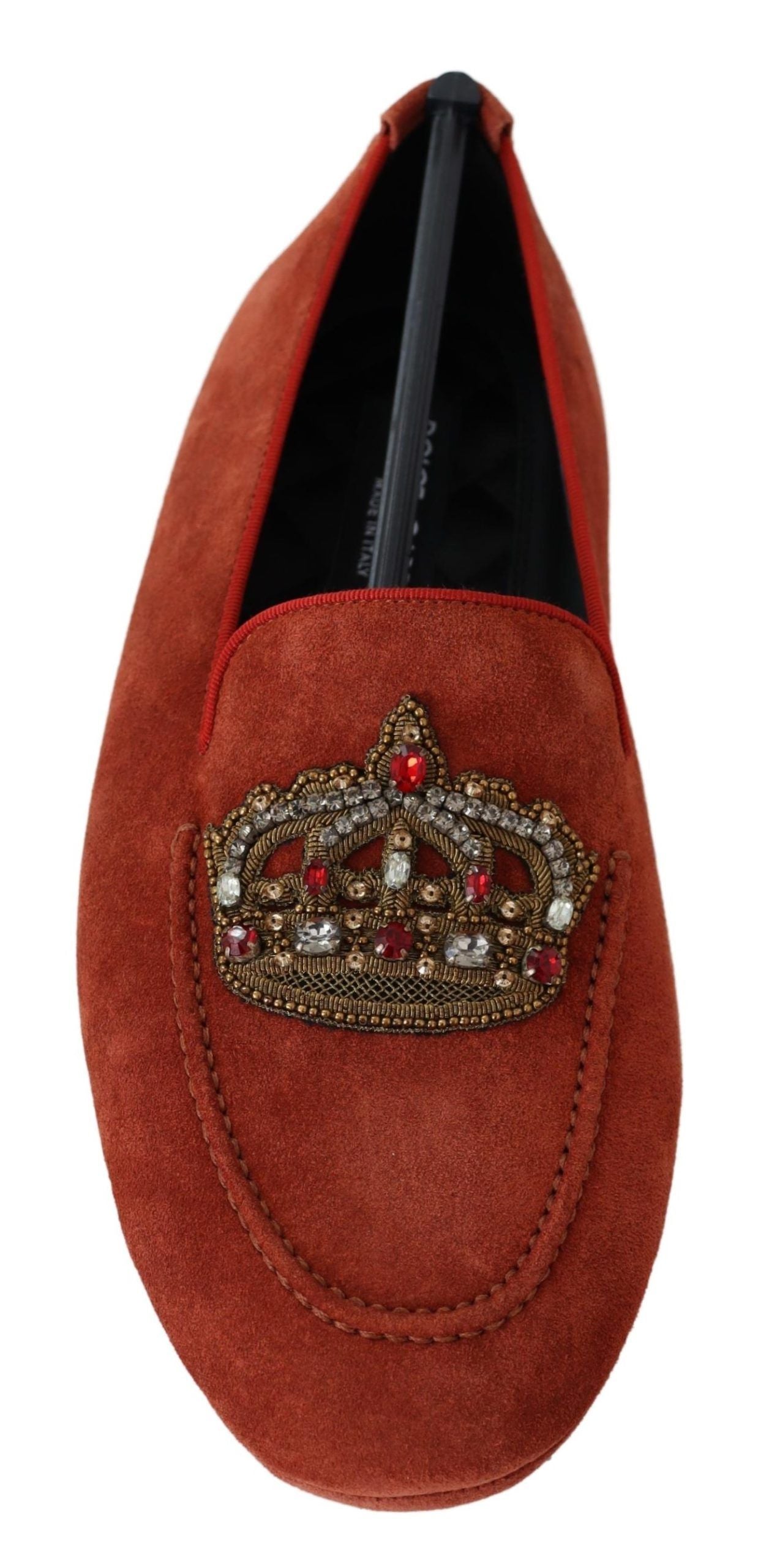 Orange Leather Crystal Crown Loafers Shoes
