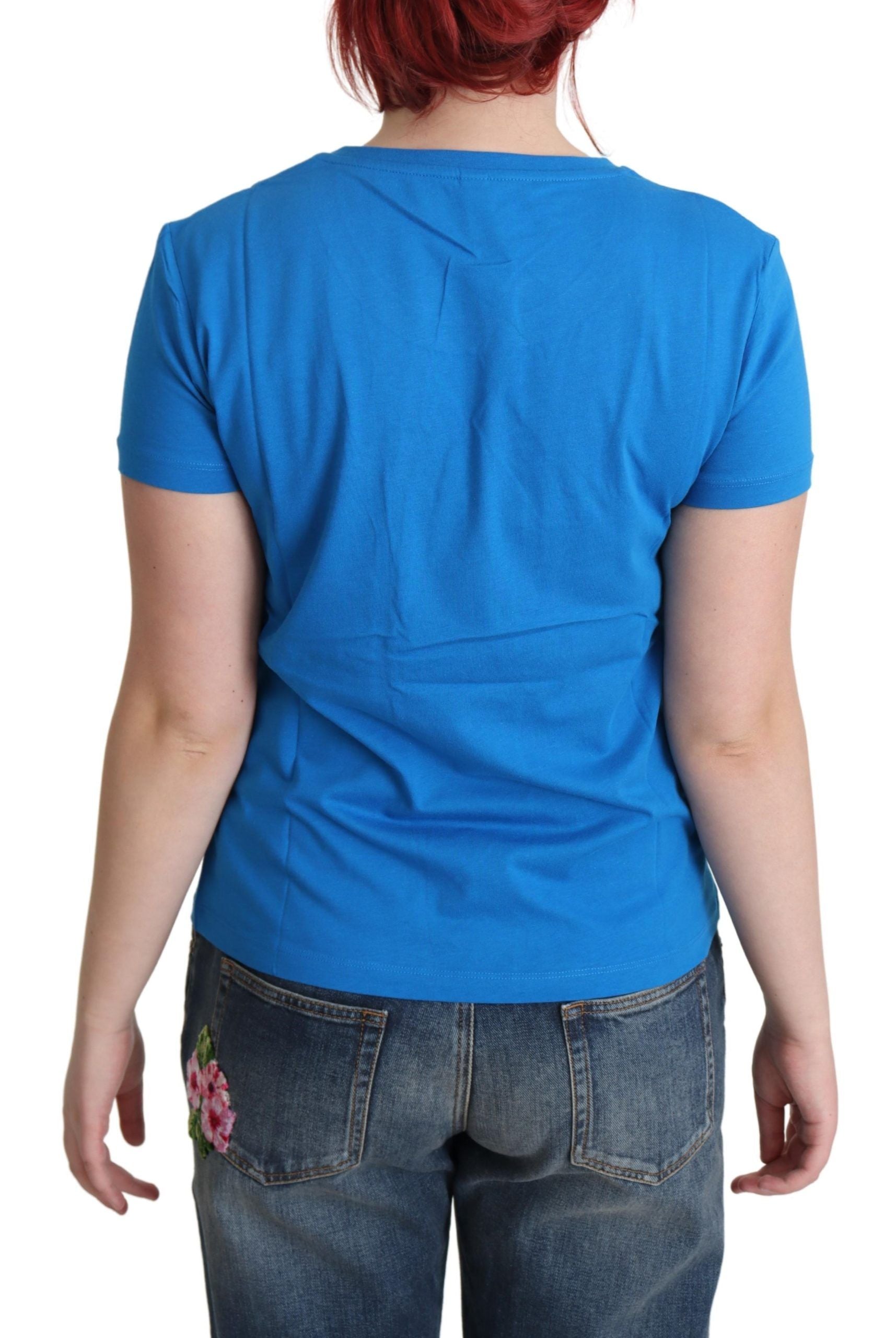 Blau bedrucktes Kurzarm-T-Shirt aus Baumwolle
