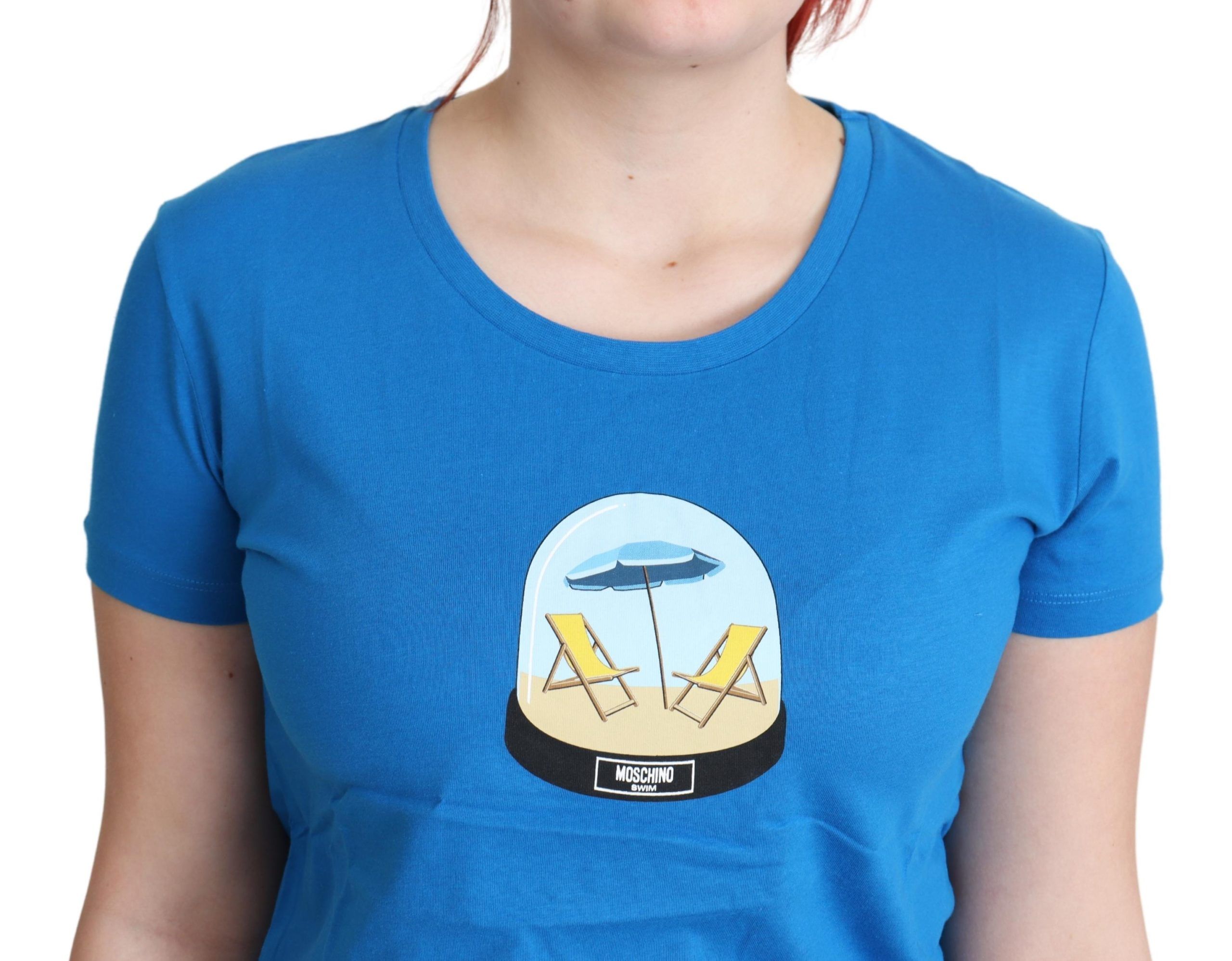 Blau bedrucktes Kurzarm-T-Shirt aus Baumwolle