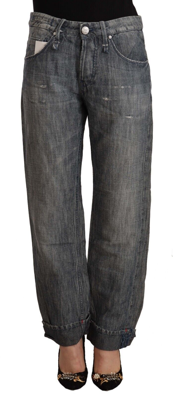 Gray Washed Ramie Straight Denim Folded Hem Jeans