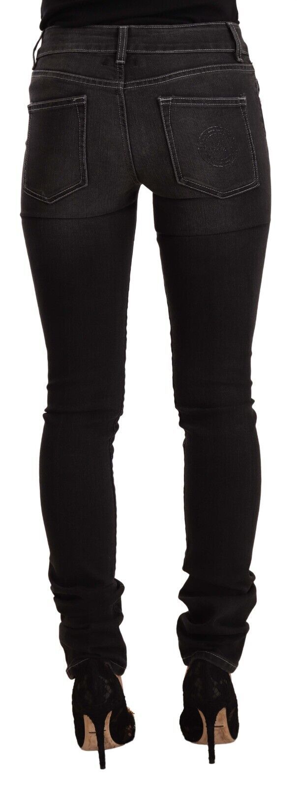 Black Washed Mid Waist Cotton Denim Skinny Jeans