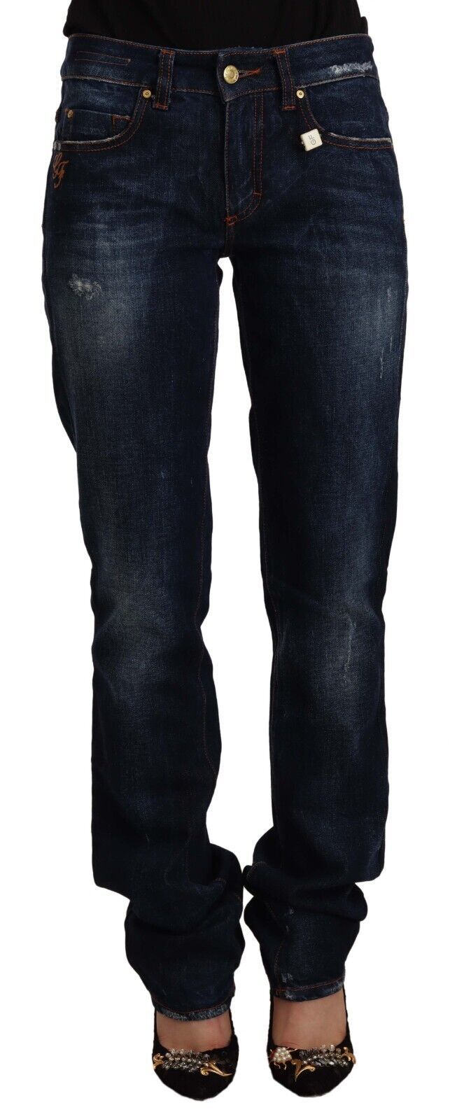 Dark Blue Washed Mid Waist Cotton Denim Straight Jeans