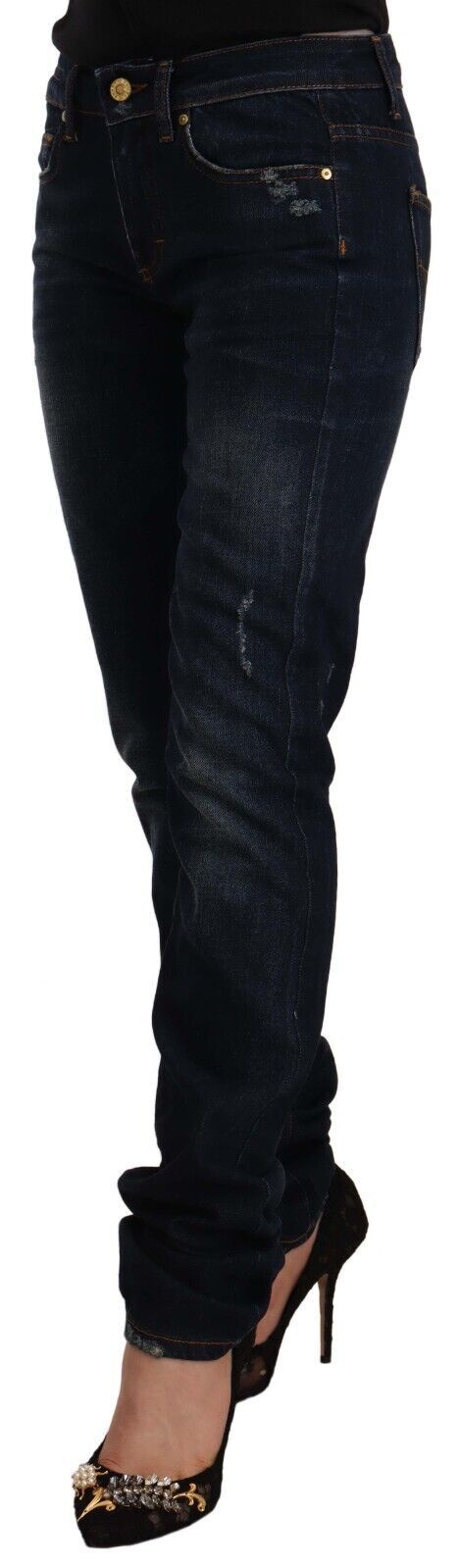 Dark Blue Washed Mid Waist Cotton Denim Skinny Jeans