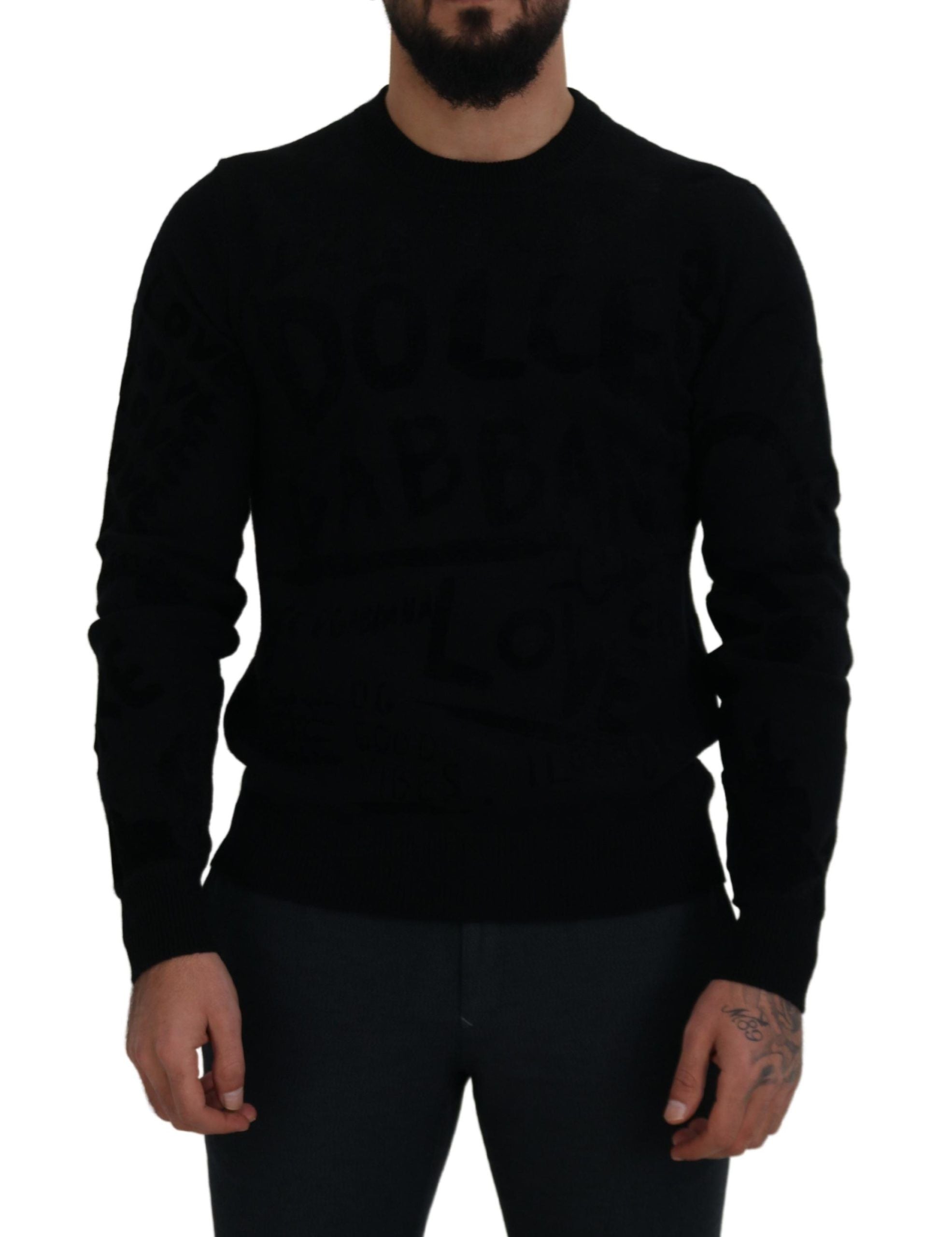 Black Wool Logo Pattern Crewneck Pullover Sweater
