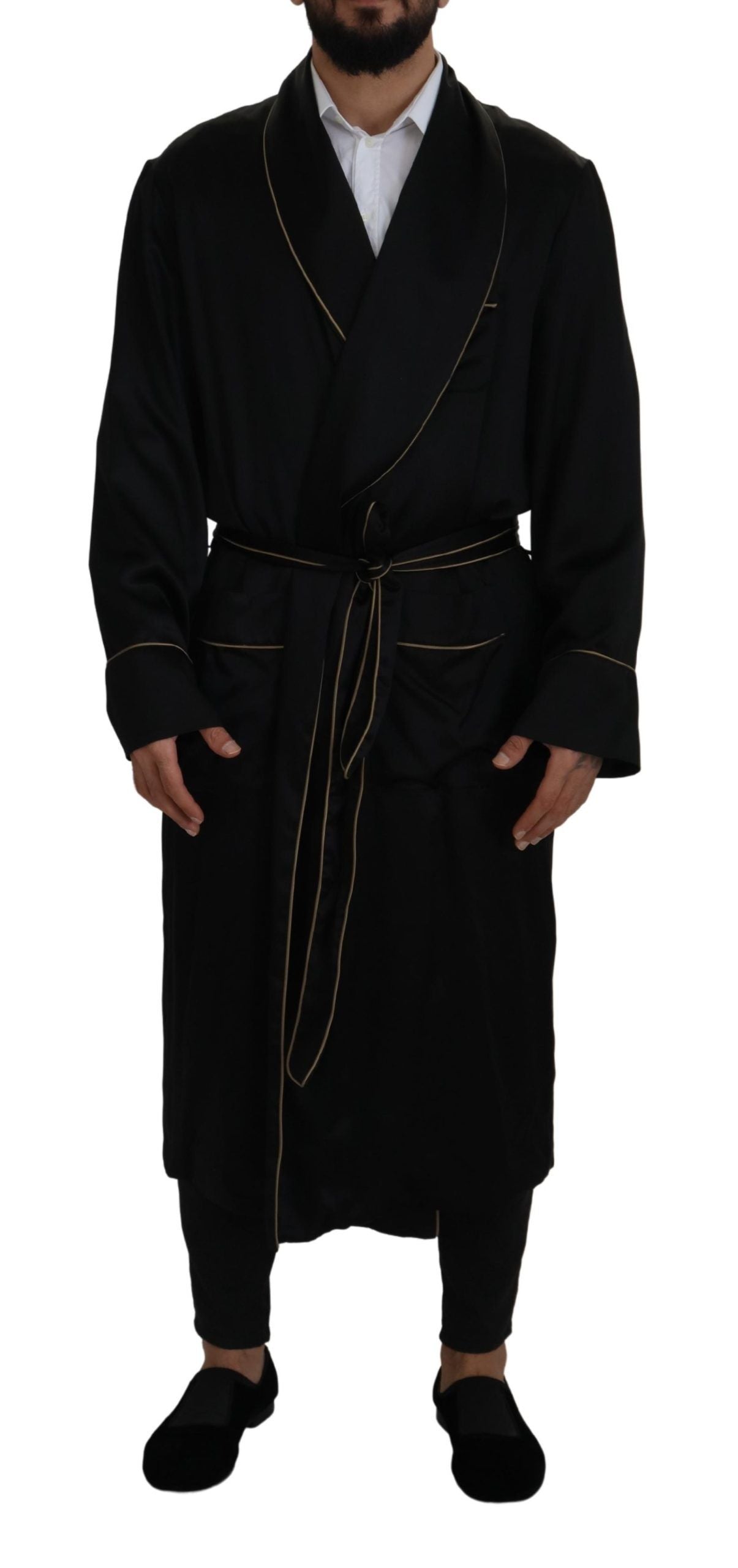 Black 100% Silk Robe Coat Wrap Jacket