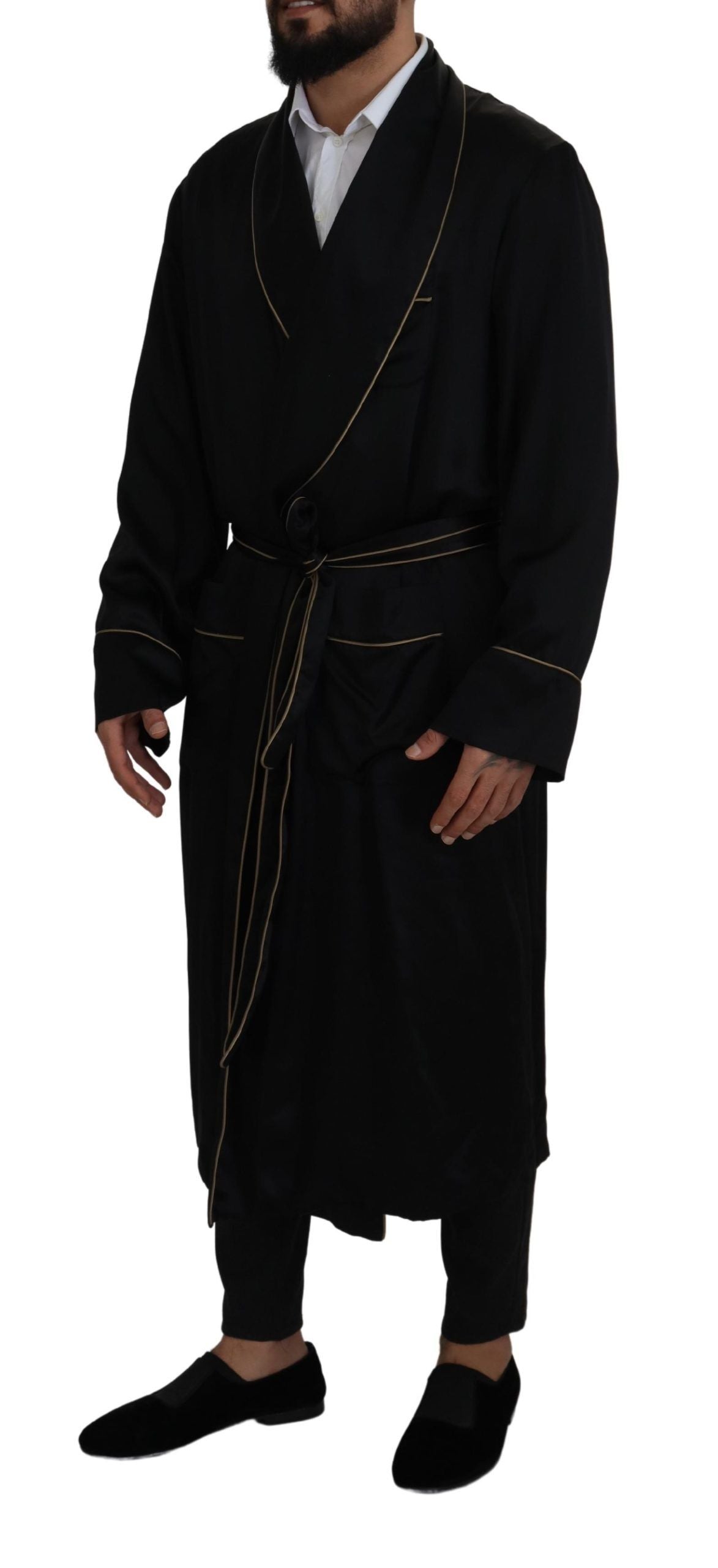 Black 100% Silk Robe Coat Wrap Jacket
