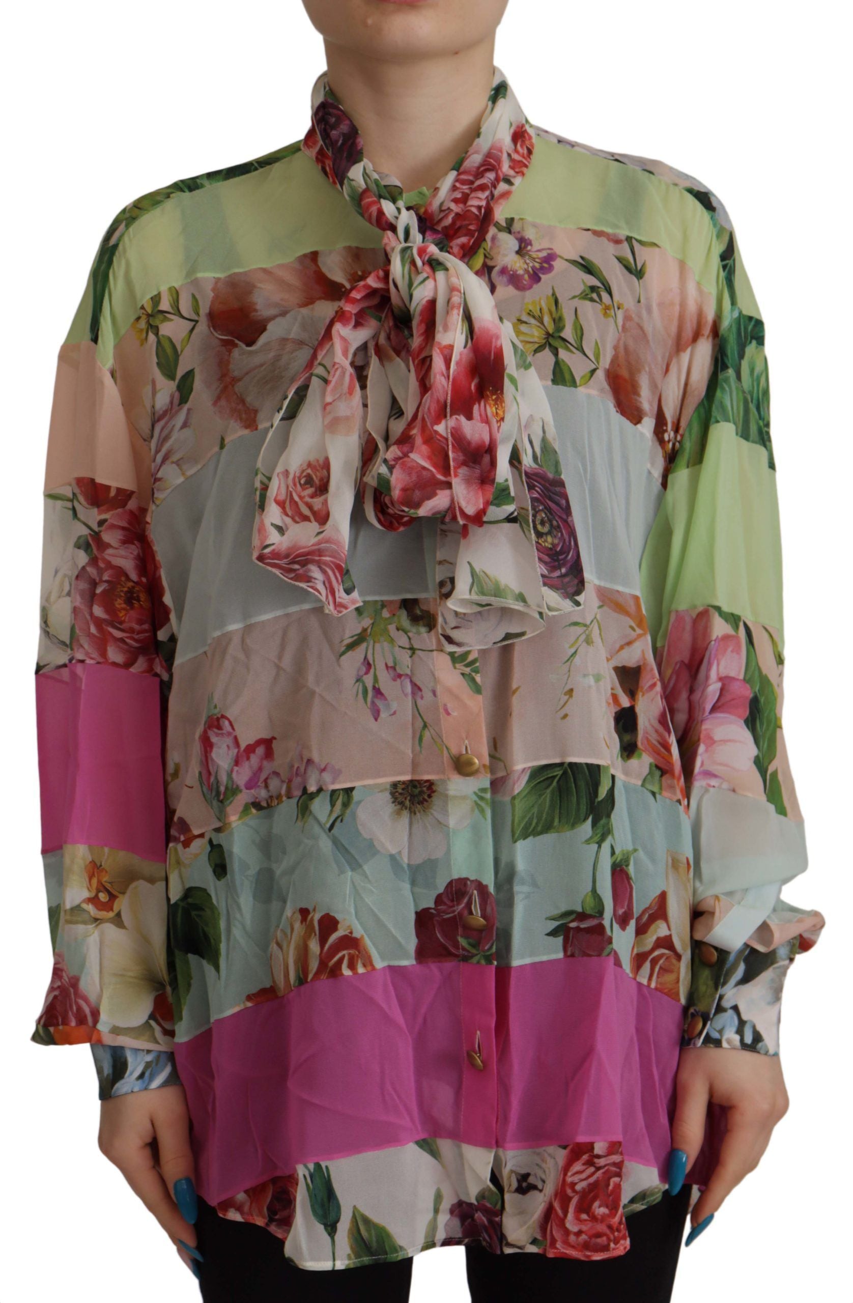 Multicolor Floral Patchwork Design Ascot Collar Top Blouse
