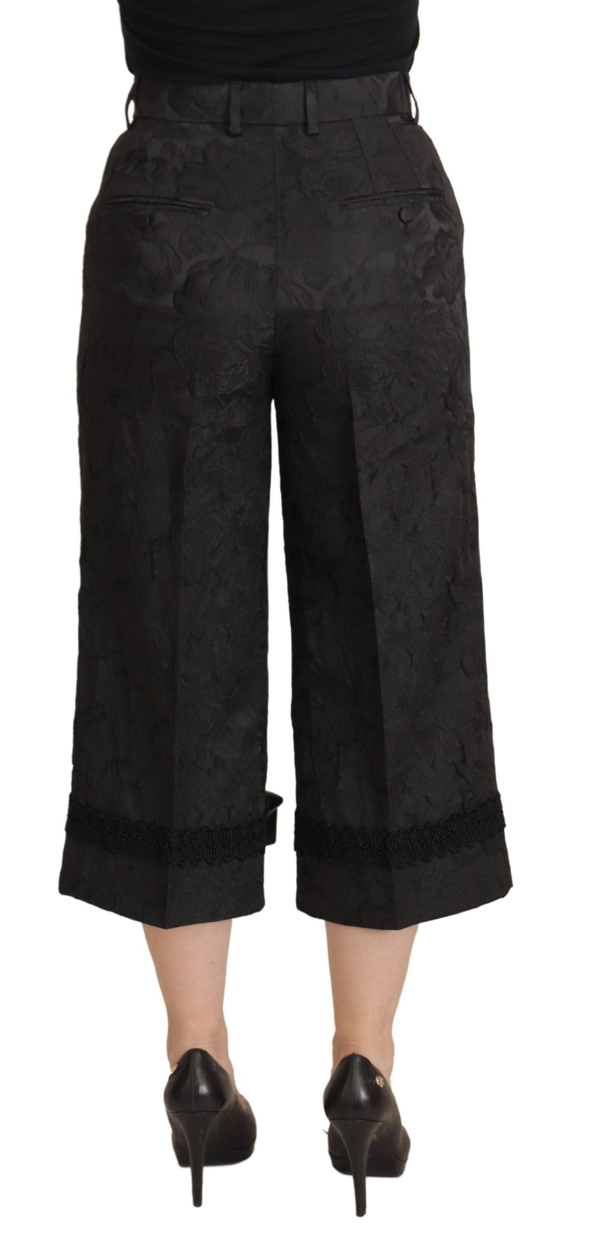 Black Brocade Cropped High Waist Pants