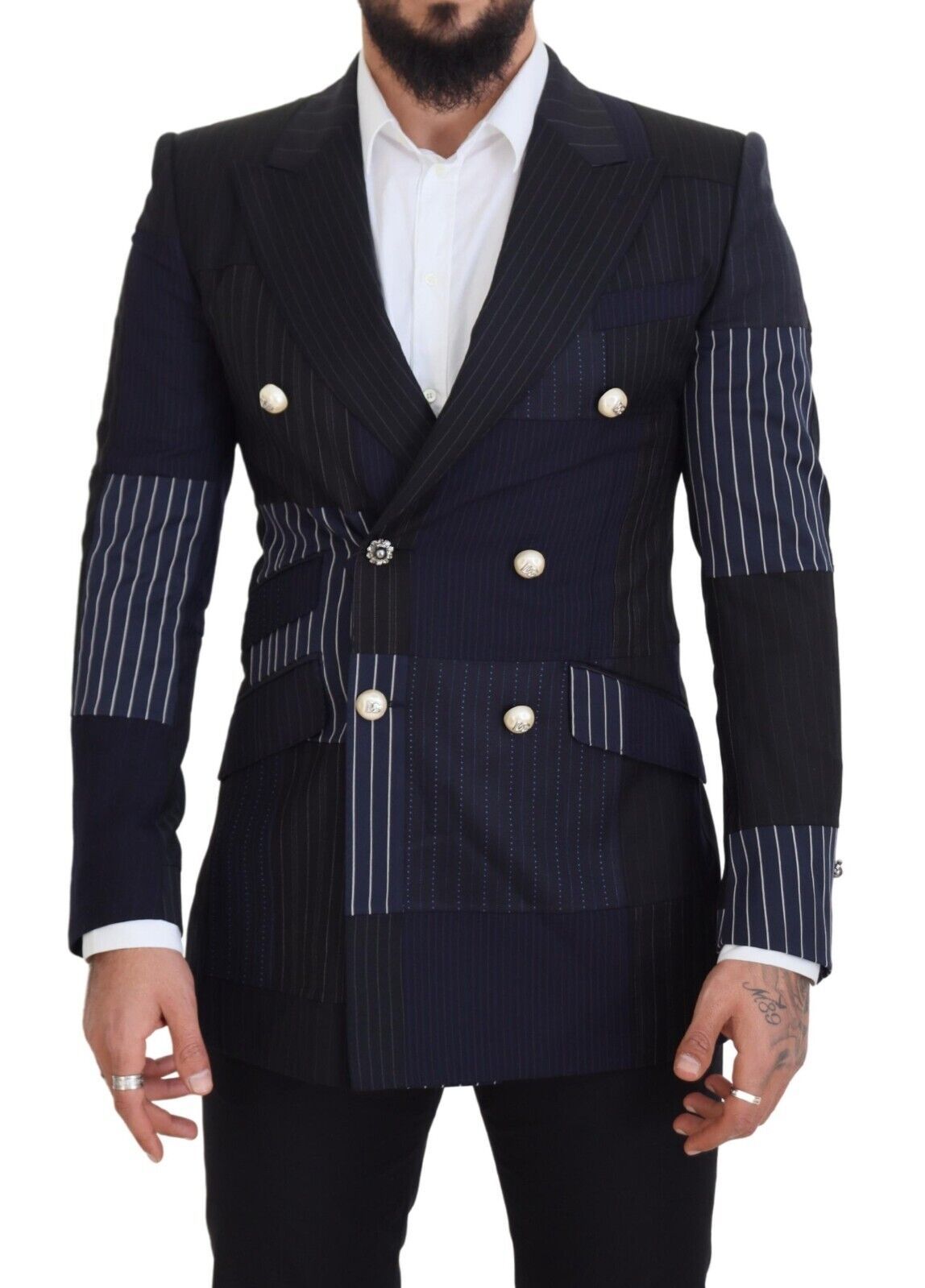 Blazer Croisé Bleu en Laine Patchwork