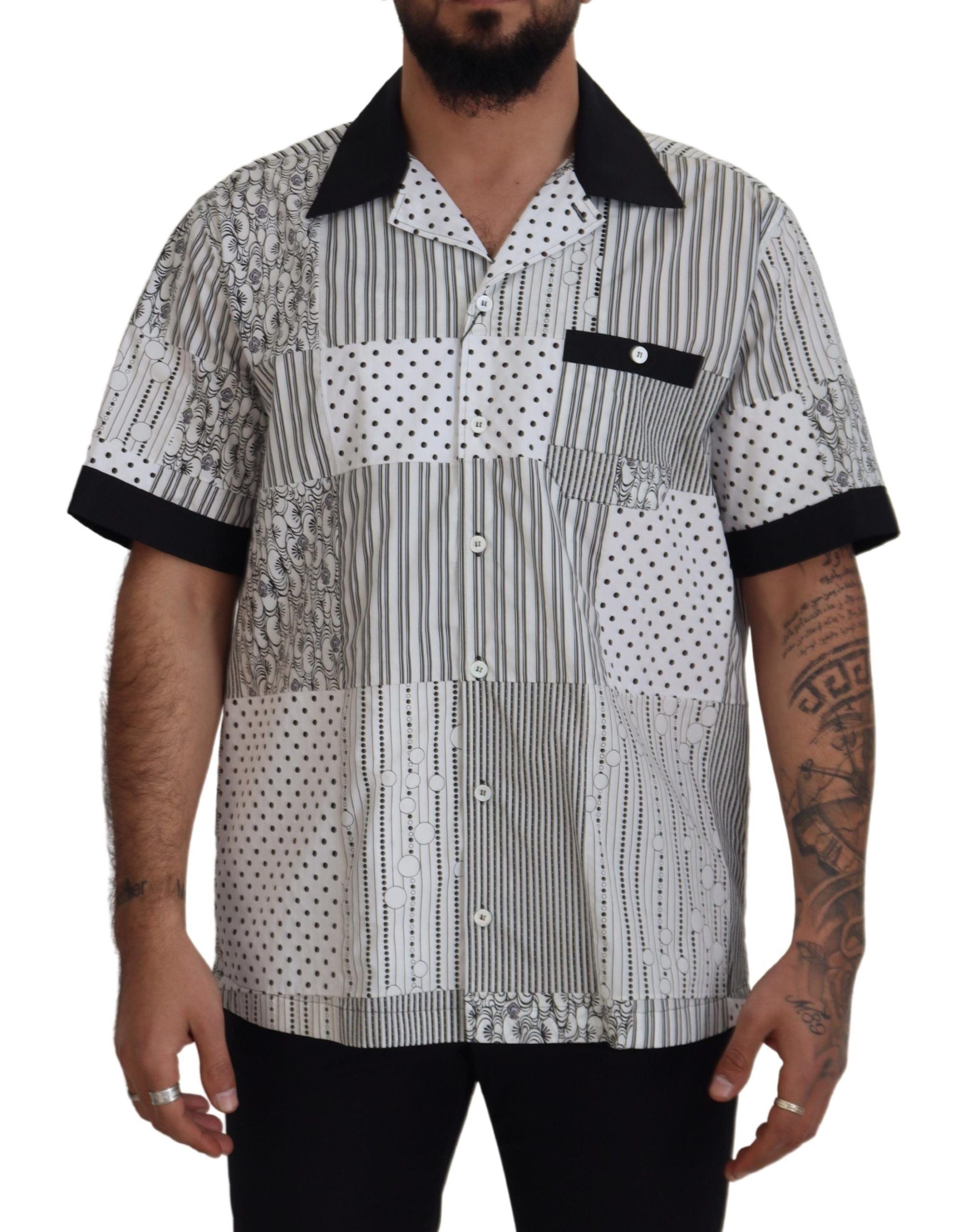 Chemise Homme Boutonnée à Motifs Blanc et Noir en Coton