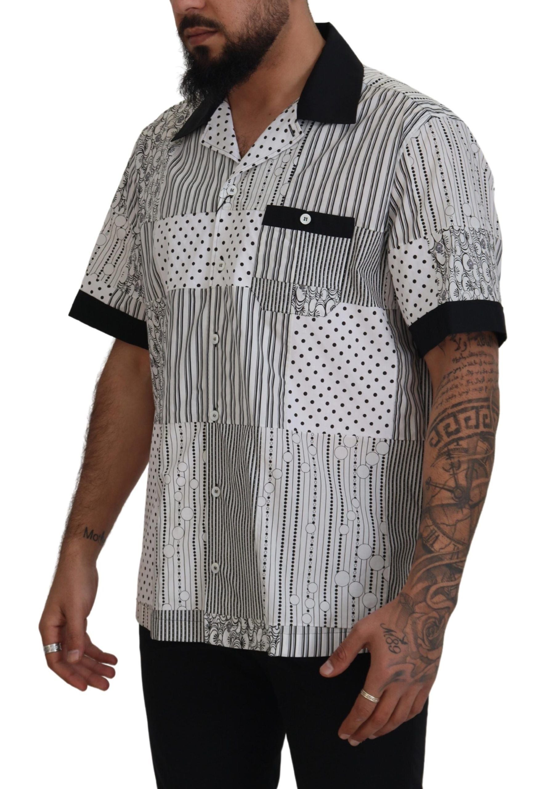 Chemise Homme Boutonnée à Motifs Blanc et Noir en Coton