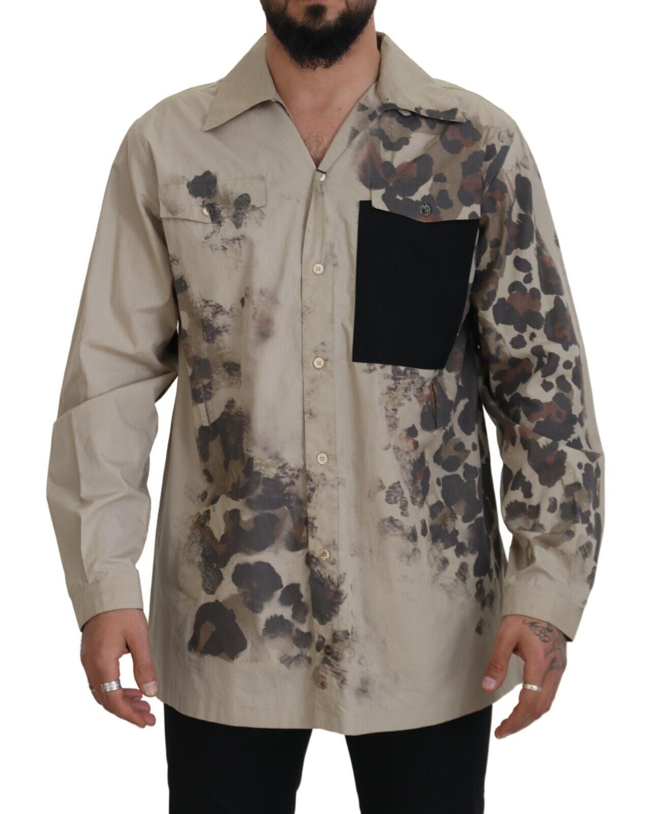 Chemise Casual Homme Beige Camouflage en Coton