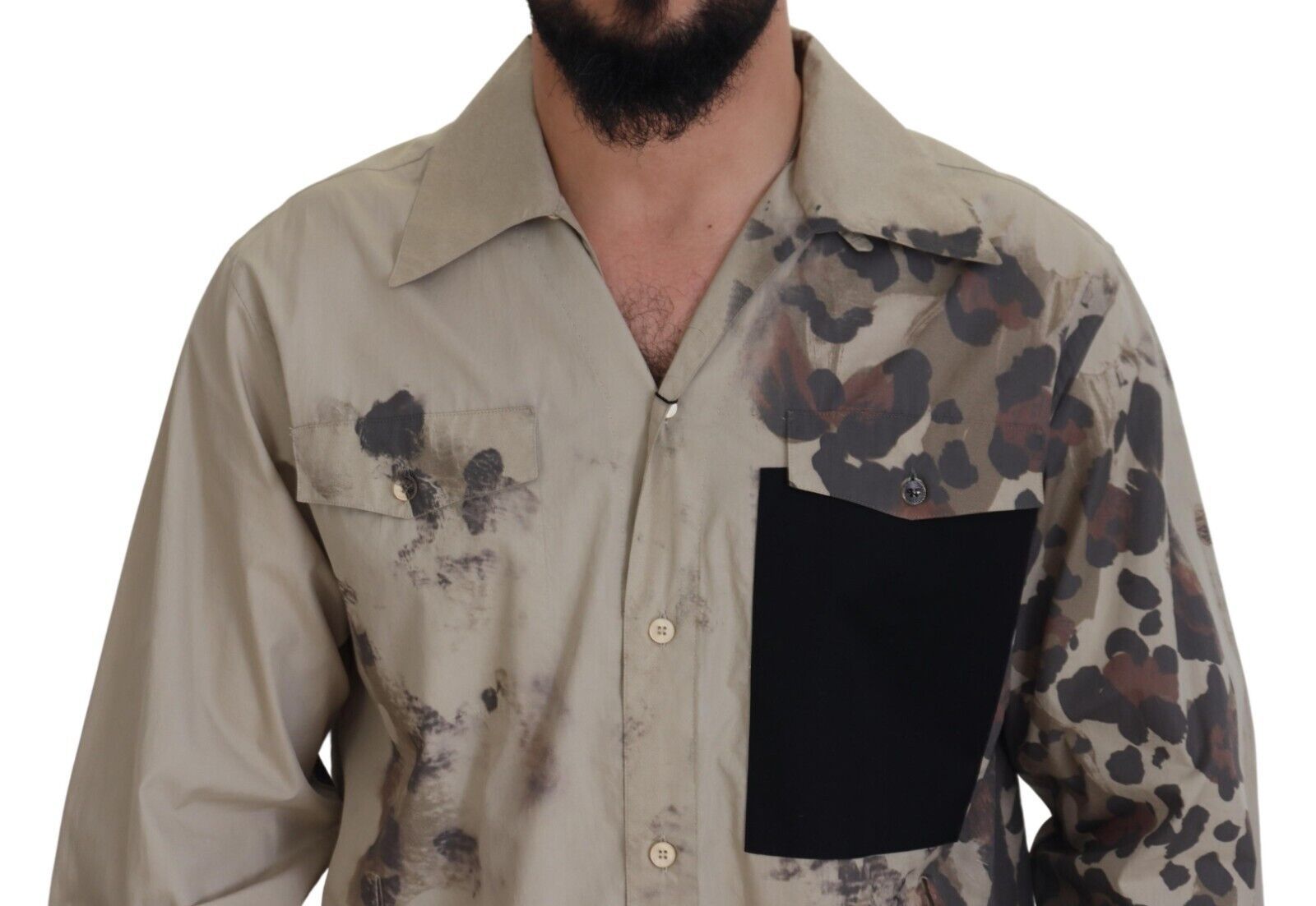 Chemise Casual Homme Beige Camouflage en Coton