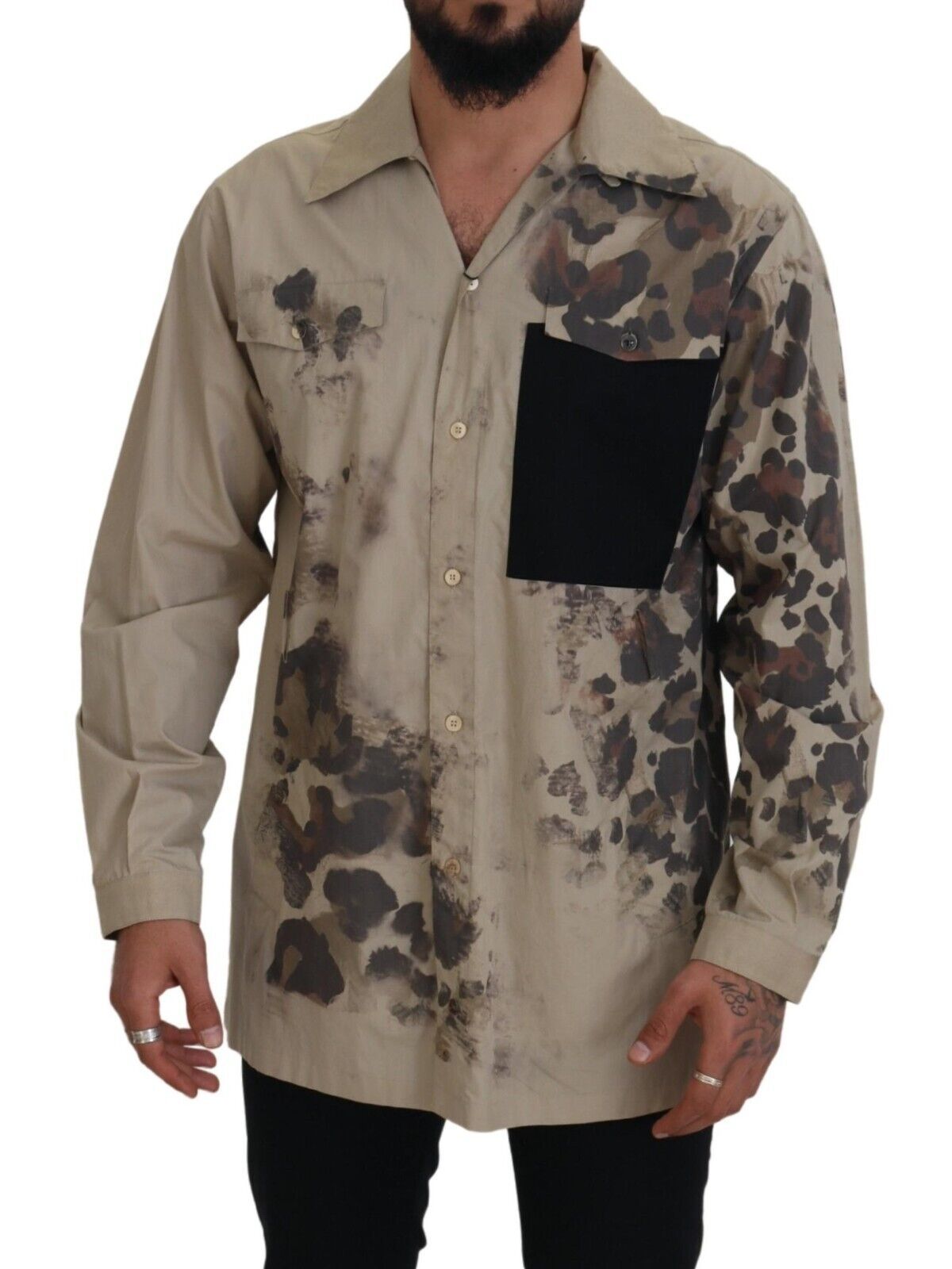 Chemise Casual Homme Beige Camouflage en Coton
