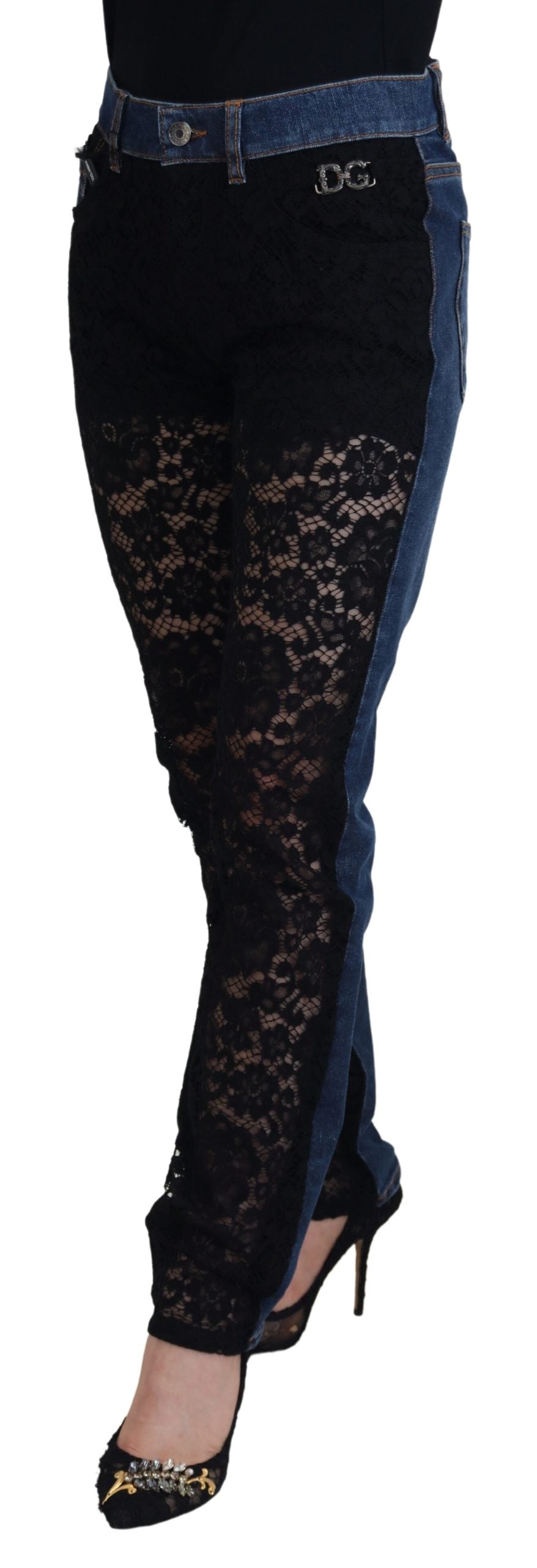 Black Floral Lace Front Skinny Denim Jeans
