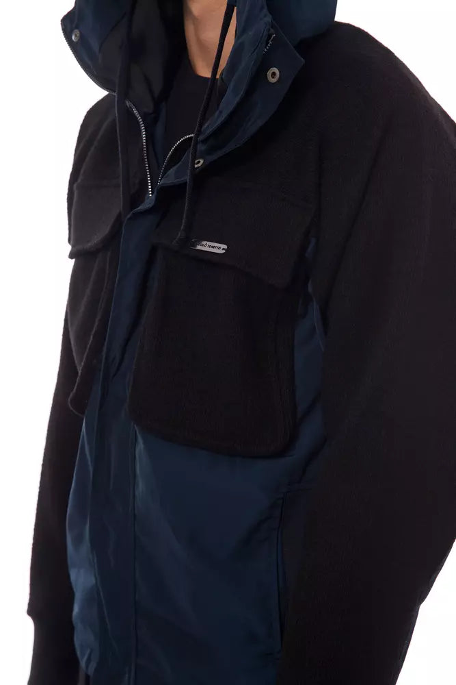 Black Wool Men Jacket with Hood and Pockets