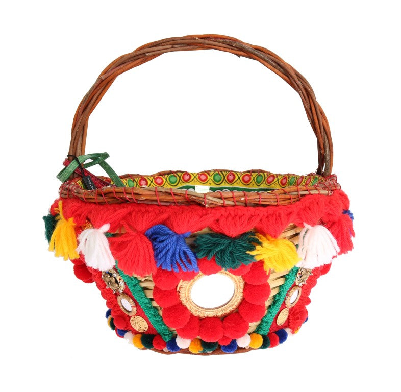 Multicolor AGNESE Straw Crystal Pom Pom Bag