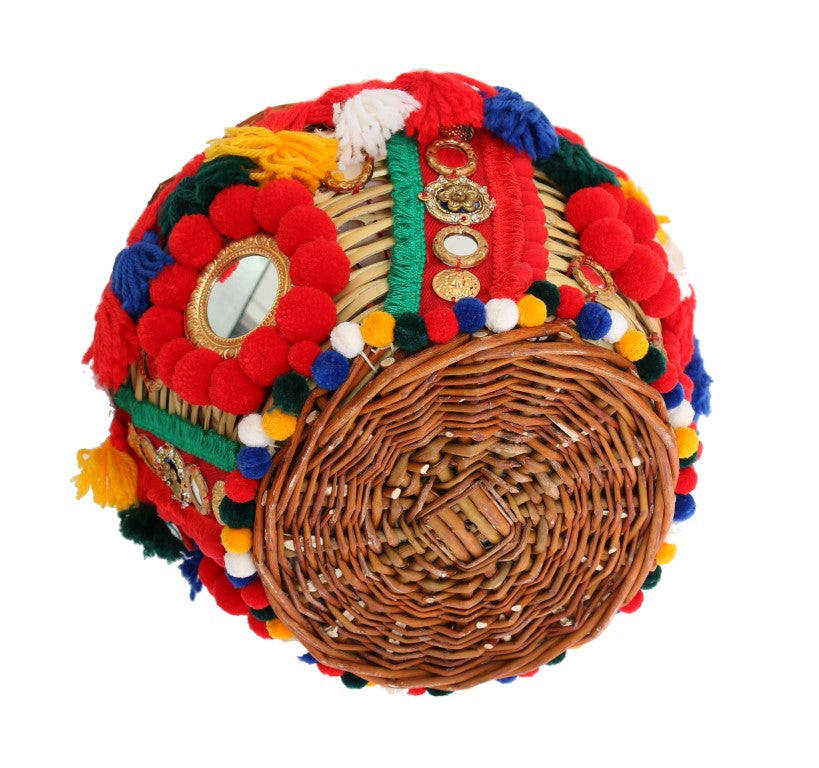 Multicolor AGNESE Straw Crystal Pom Pom Bag