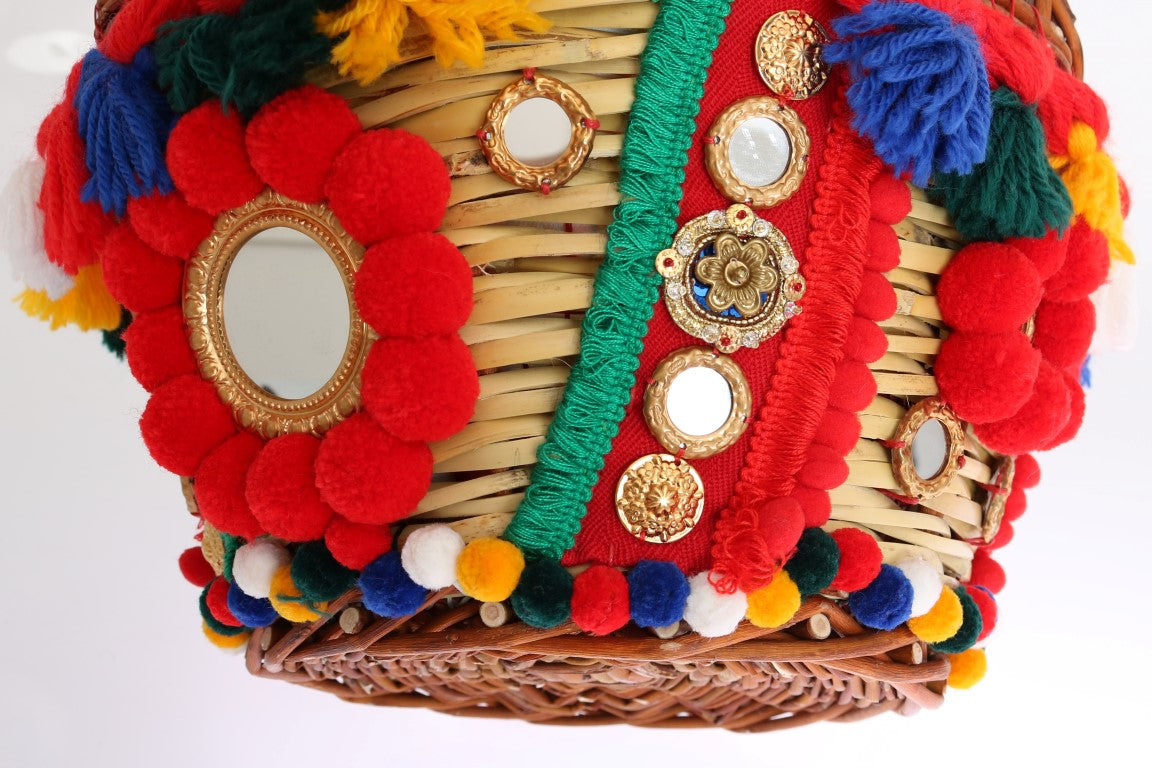 Multicolor AGNESE Straw Crystal Pom Pom Bag