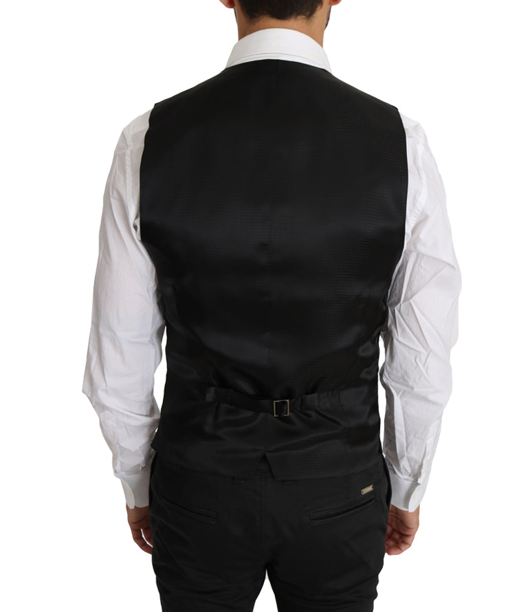 Black Solid Wool Silk Waistcoat Vest